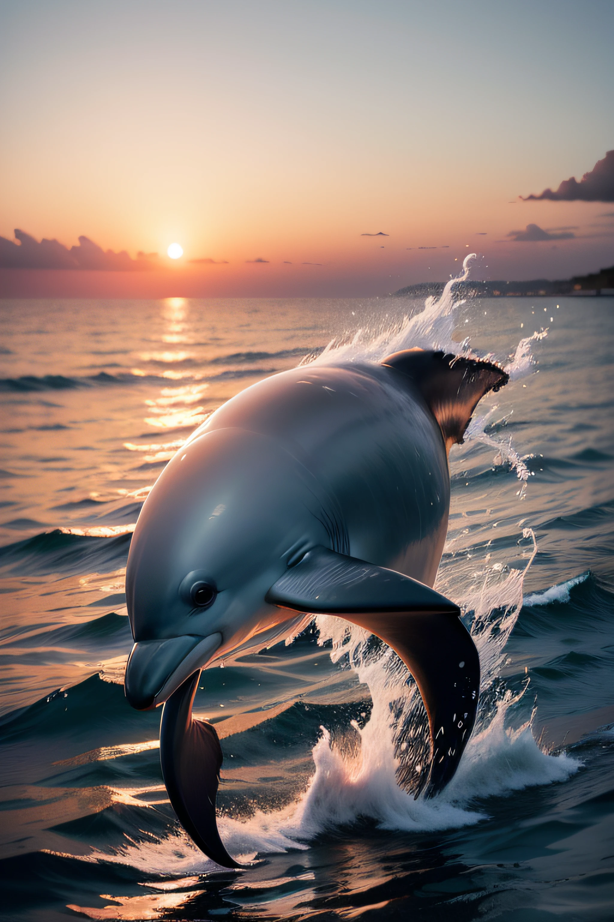 Realistic photo of a cute dolphin swimming in the sea at sunset