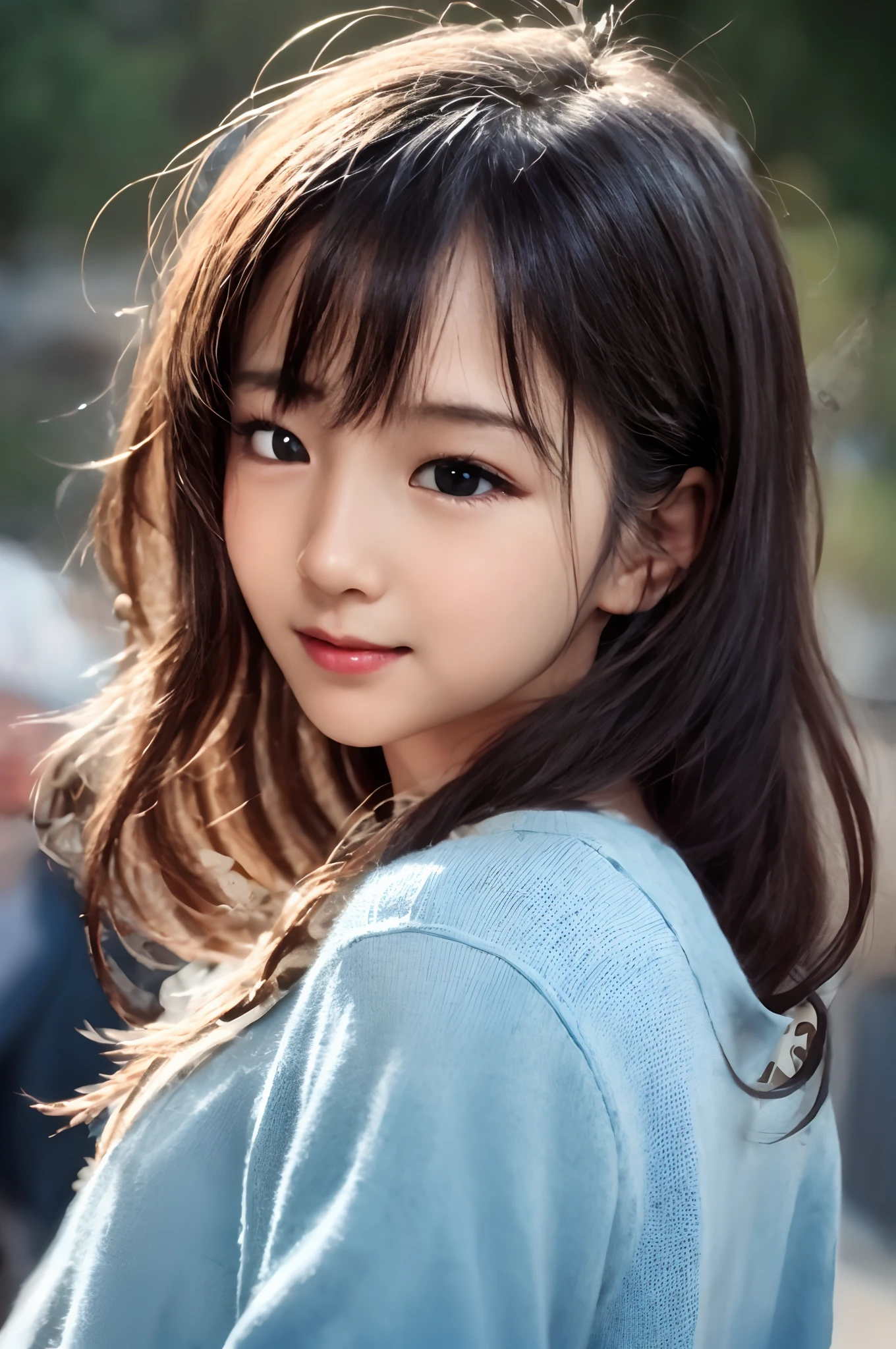 Sexy big 、Sexy cute looks and cute beautiful girl, Beautiful and sexy face、A strong wind blows my hair in front of my face、With straight blonde hair、Beautiful, cute and sexy eyes hidden behind long bangs、Gal's outfit、Gal-style makeup