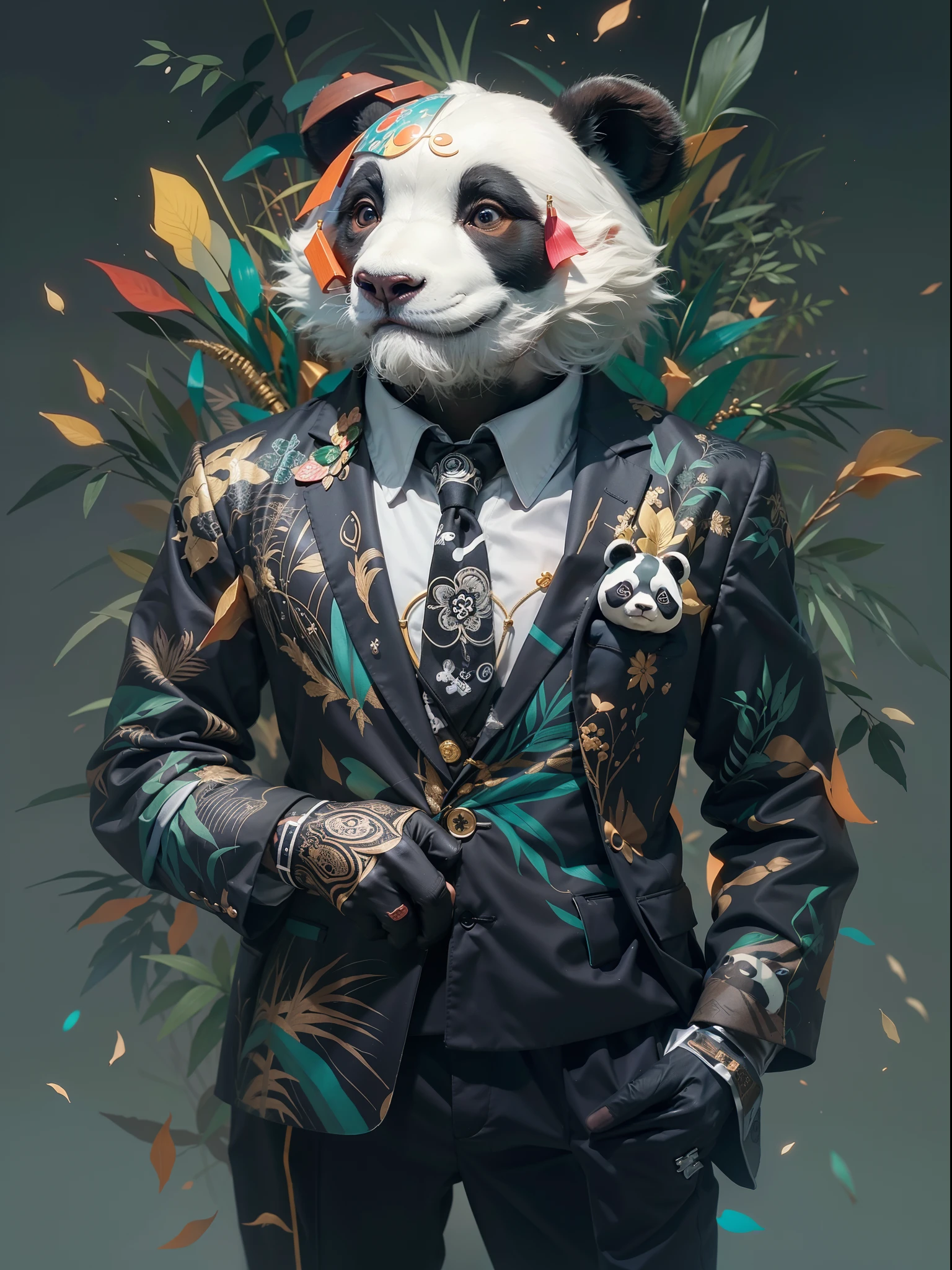 (Panda in luxury business suit、Upright panda、Humanoid Panda、Full body photo、Cool anthropomorphic panda)、​masterpiece, top-quality, in 8K , intricate detailes, ultra-detailliert , light Particle、32K Digital Paint, Hyper-Realism, Abstract background:1.3, colourfull:1. 3, Zentangle:1.2、