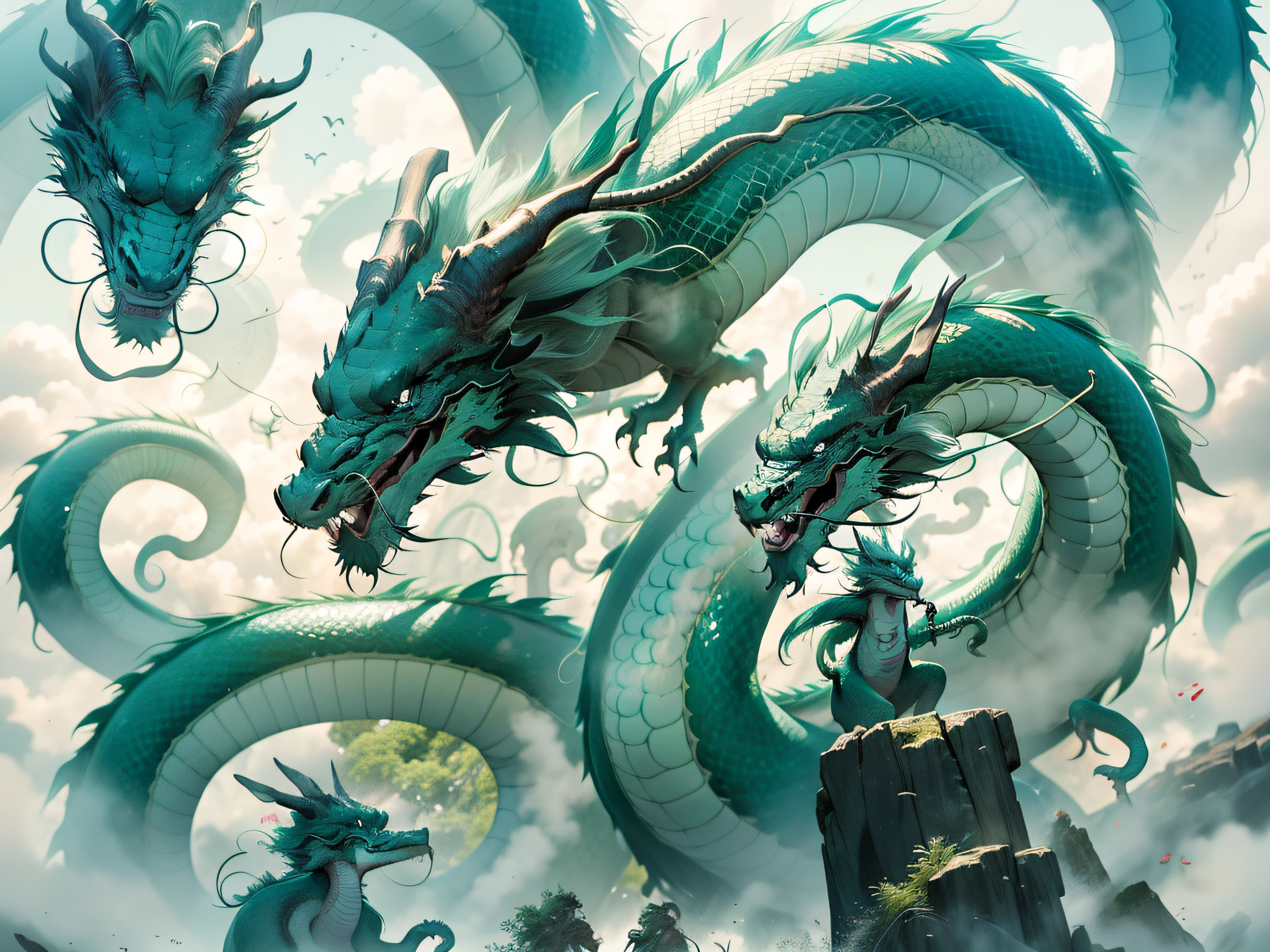 There are two Chinese dragons in the picture,They are playing billiards。large panorama,A slight top-down perspective,One of the dragons has a longer body,The head is heavily depicted,The other dragon has a shorter body,There is a pair of winglets。You can add some palace-like backgrounds to the picture,to strengthen the Chinese style,Dragons that show ancient and rich cultural characteristics。The lighting is dominated by warm colors,to enhance the mystery and atmosphere of the scene。#chinesedragon #classical #billiards