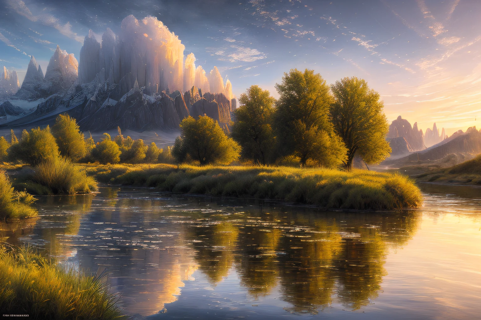 paysage futuriste, Eau, (Highly detailed CG Unit 8k wallpaper), The most beautiful work of art in the world, Professional majestic oil painting, complexe, High detail, mise au point nette, dramatique, Art of photorealist painting,