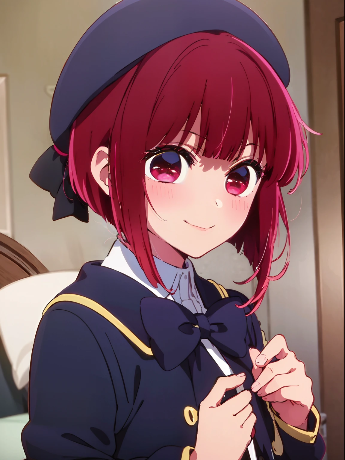 masterpiece、ighly detailed、(1 girl in:1.2)、Red hair、Plain clothe、big eye、a closeup、A smile、8K、short-hair、beret、(((anime styled)))、Shining eyes、Open your mouth