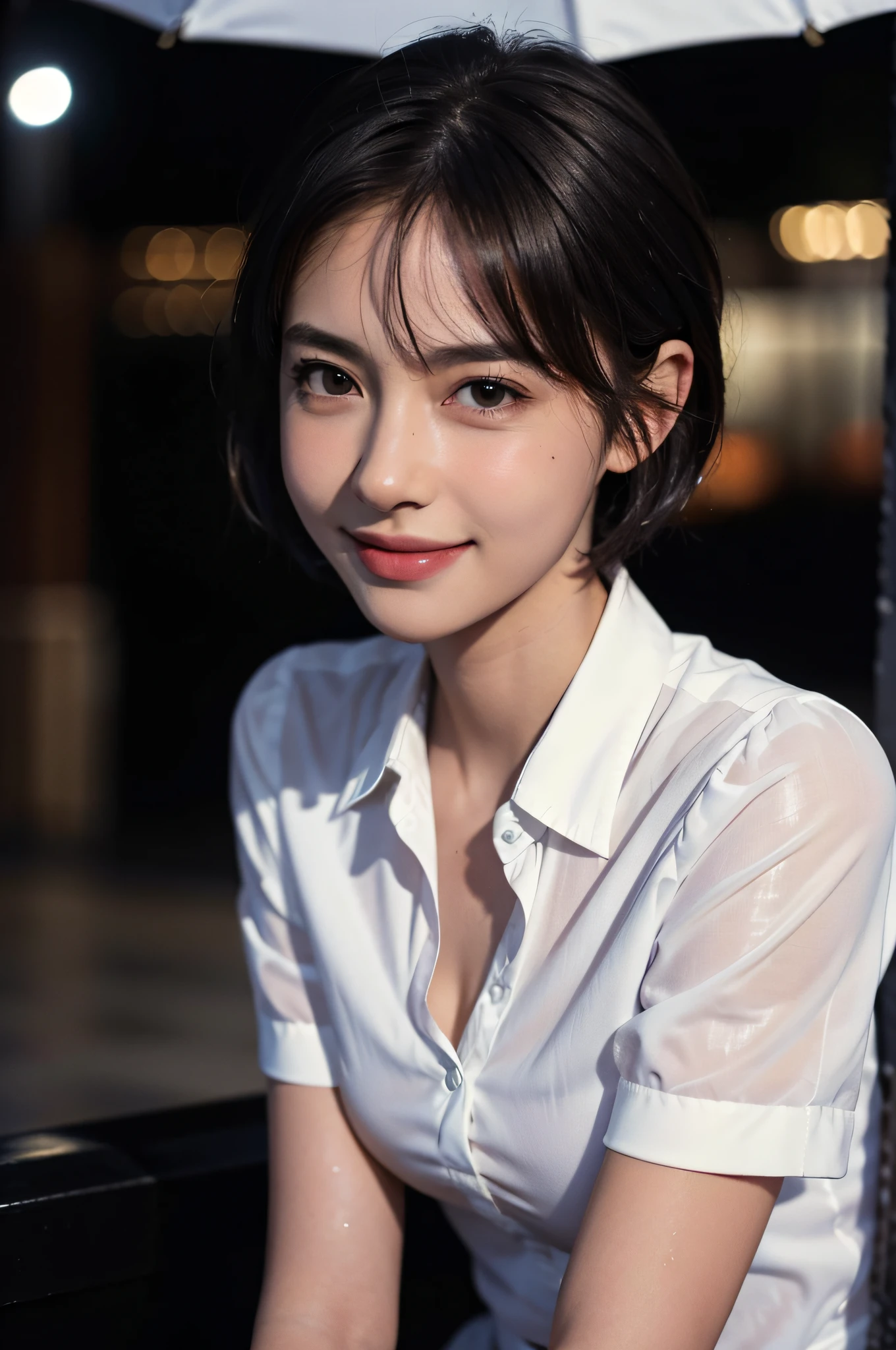 (8k, best quality, masterpiece:1.2), (realistic, photo-realistic:1.37), ultra-detailed, 1 girl, cute, solo, beautiful detailed sky, detailed cafe, night, sitting, dating, (nose blush), (smile:1.15), (closed mouth) small breasts, beautiful detailed eyes, (collared shirt:1.1), night, wet, business attire, rain, white lace, (short hair:1.2), floating hair NovaFrogStyle, topless,
