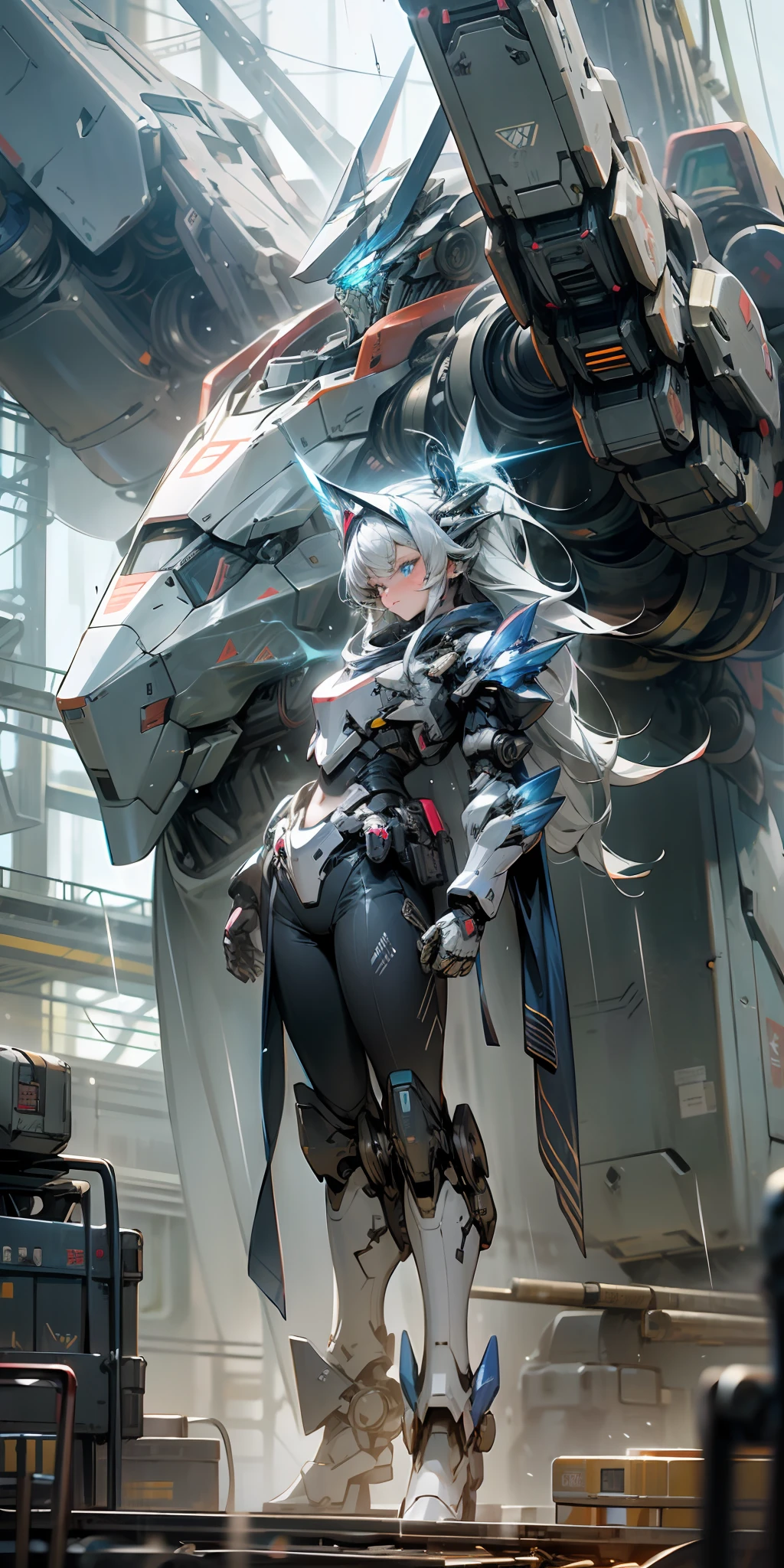 Cool mech core style，mech concept art，Dark gray Decepticon，tremendous mecha robot，intricate glowing mecha armor，Transform giant robots in the future。There is a giant mech machine behind the girl，The volume of the machine is very large，It seems to be more than ten meters high。There are a lot of mechanisms and armor on the surface of the machine，It looks very sturdy。Girl standing in front of the machine（Stand head-on，facing at camera），blue color eyes，long  white hair，Skinny figure，A body made of semi-mechanics，Laser spandex oil shiny luminous pattern。Energy light，Thunder Electric Magic，haze, rain and thunder，Rain drops，Warm colors and cold light，Blue-violet light，the detail，Big background。