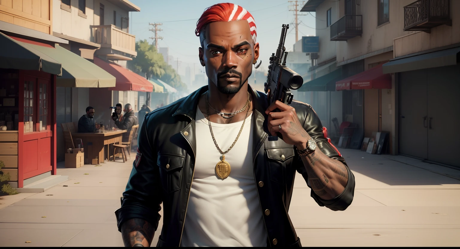 There's a man holding a gun on a wooden deck, gta personagem, Como o protagonista de GTA 5, Estilo de GTA V, como um personagem de gtav, Kanye West em GTA v, drake em gta v, gta5 estilo, gta v personagem, empunhando fuzil de assalto, Snoop Dogg em GTA V, gta 5 tom de pele, Jesse Pinkman em GTA v, Red hair,
Red jacket,AK-47 rifle