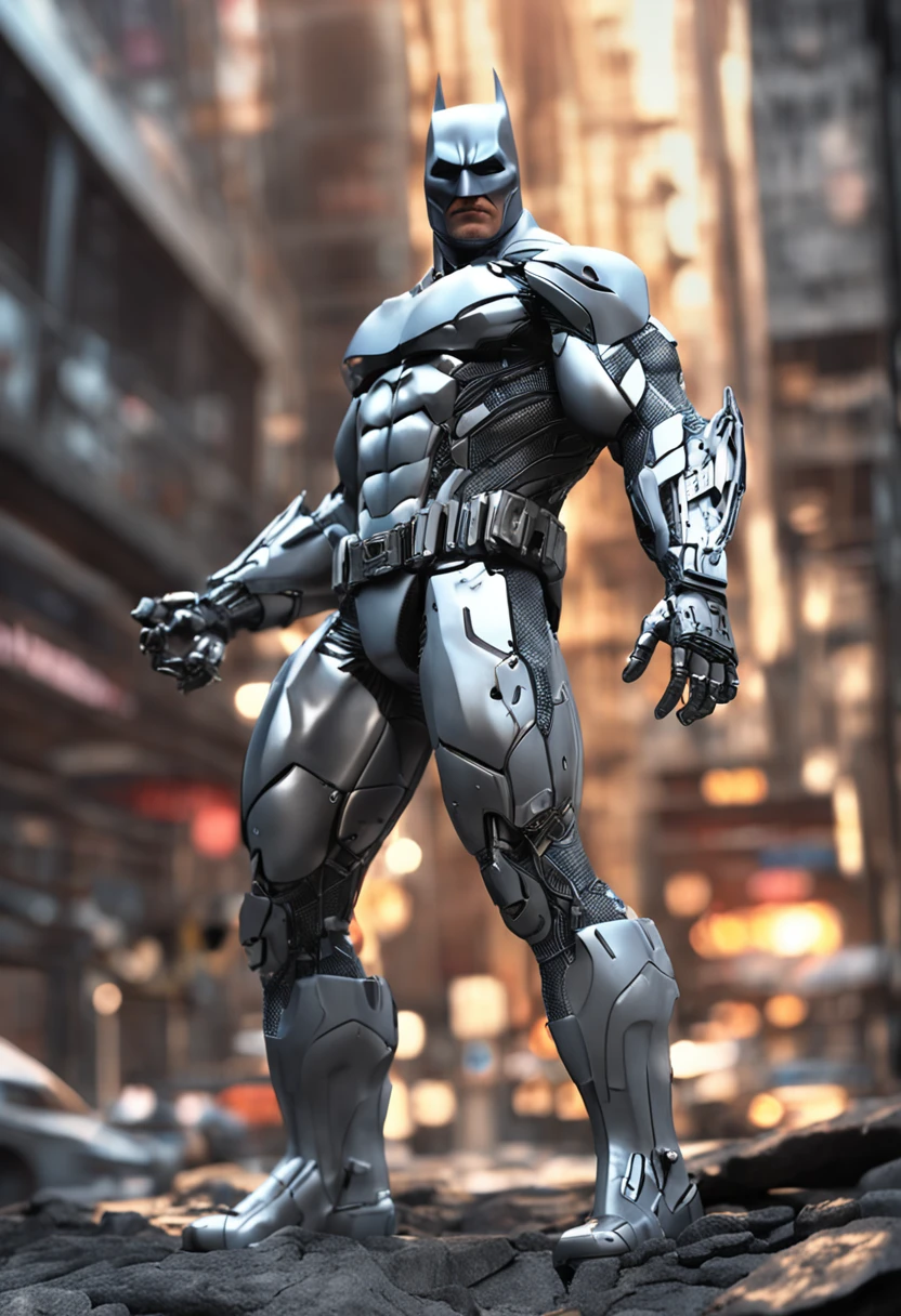 A realistic white batman in a titanium cybernetic suit, detalhado, designe perfeito, alta qualidade arestas perfeitas e simetricas ::n_desenho de estilo, Low-quality imperfection, boneco, jogo, anime