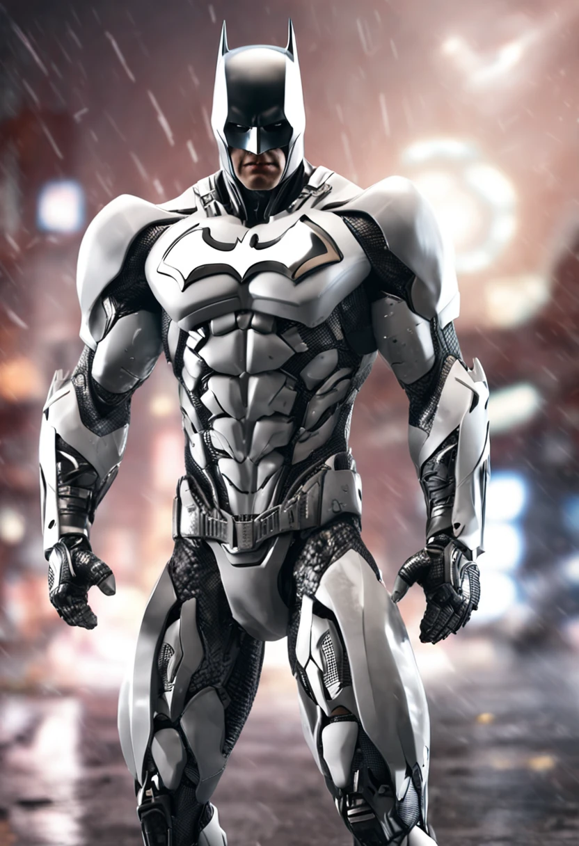 A realistic white batman in a titanium cybernetic suit, detalhado, designe perfeito, alta qualidade arestas perfeitas e simetricas  ::n_desenho de estilo, Low-quality imperfection, boneco, jogo, anime