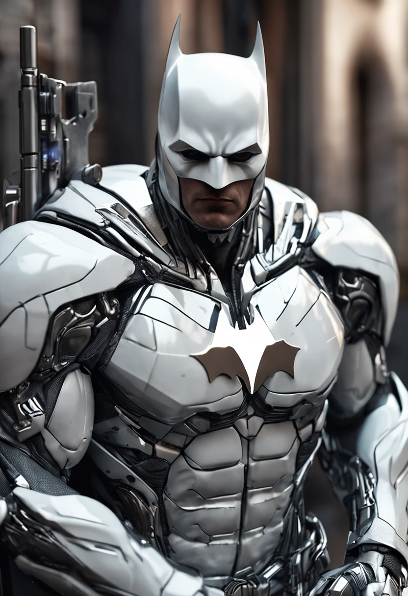 A realistic white batman in a titanium cybernetic suit, detalhado, designe perfeito, alta qualidade arestas perfeitas e simetricas  ::n_desenho de estilo, Low-quality imperfection, boneco, jogo, anime
