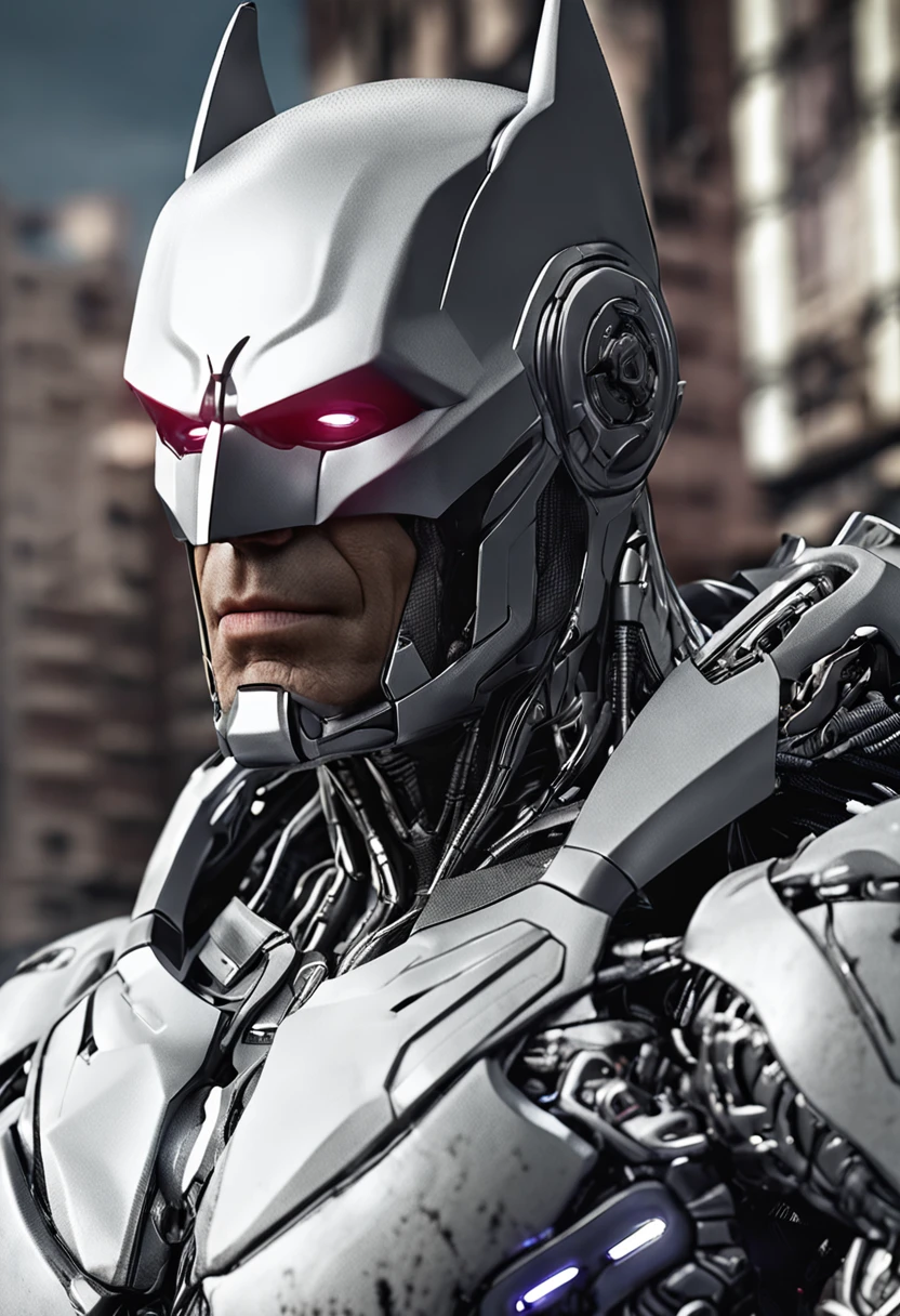 A realistic white batman in a titanium cybernetic suit, detalhado, designe perfeito, alta qualidade arestas perfeitas e simetricas ::n_desenho de estilo, Low-quality imperfection, boneco, jogo, anime