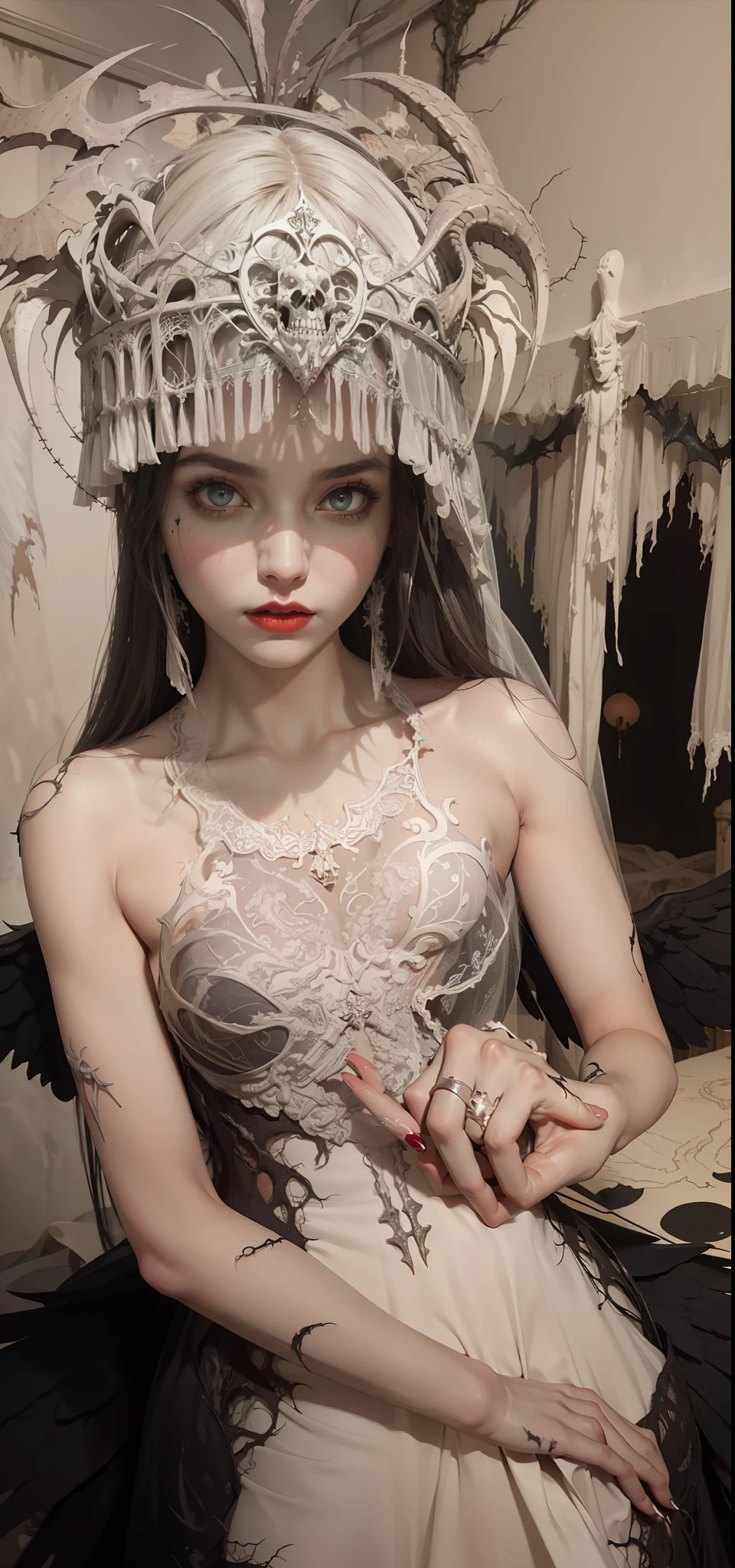 Fine matte painting, skeleton dark angel big wings haunted castle on drawing table full of knives, horror, spookiness, scary, secret horror, tentacles, vines, eyes, uncanny valley effect teeth, limbs, animals, blood moon,wedding gown,offcial dress,Weddings,mouth close,The eyes are cold,Redlip,