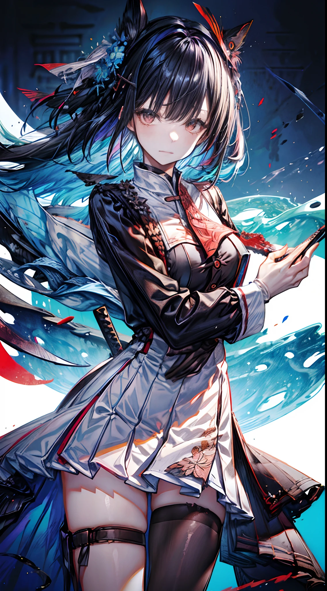 Colorful, Best Quality, masutepiece, hight resolution, Original, highly detailed wallpaper,1girl in, Bangs, Black_hair, breasts, Closed_Mouth, gloves, hair_ornament detached, Holding a Japan sword in his right hand, katanas, long_hair, long_sleeves, up looking_で_viewer, Multicolored_hair,  scabbard, Solo, unsheathing, The upper part of the body_Body, ,Perfect_Hands,Shen