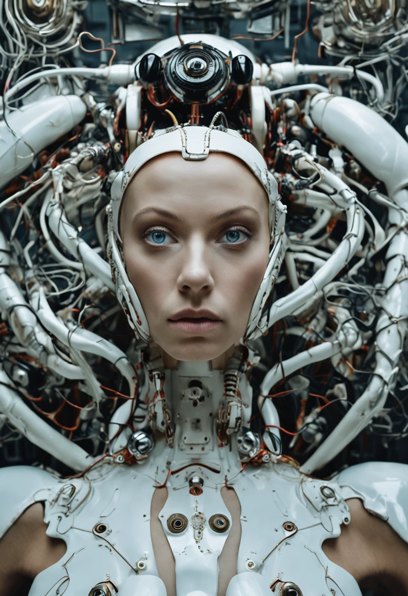 Creative Portrait Photography: female, porcelain skin, cybergoth, Salvador Dali, intense gazing eyes, as a conceptual droid, neo-futuristic, abstract, ultra-resolution, intricately detailed, medium shot, low angle, 8k by Helmut Newton