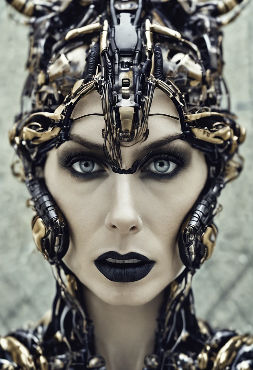 A photograph of a twenty-something Brazilian android made of shiny black and silver translucent plastic and glass, Geisha makeup and hairstyle, upper half of the body is human, internal mechanisms of the body in gold metal, dynamic pose, fluid organic construction, bright emerald circuit, colorful neon trim, bright circuit, neon trim, Depth of field focus, (((small breasts))), symmetrical full body with a futuristic weapon in Cyborg hands, metal combat mask covering nose and mouth