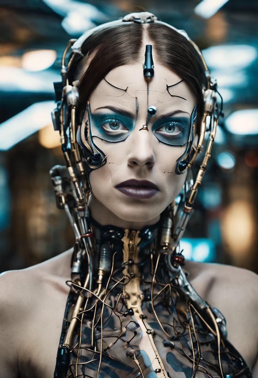 Creative Portrait Photography: female, porcelain skin, cybergoth, Salvador Dali, intense gazing eyes, as a conceptual droid, neo-futuristic, abstract, ultra-resolution, intricately detailed, medium shot, low angle, 8k by Helmut Newton