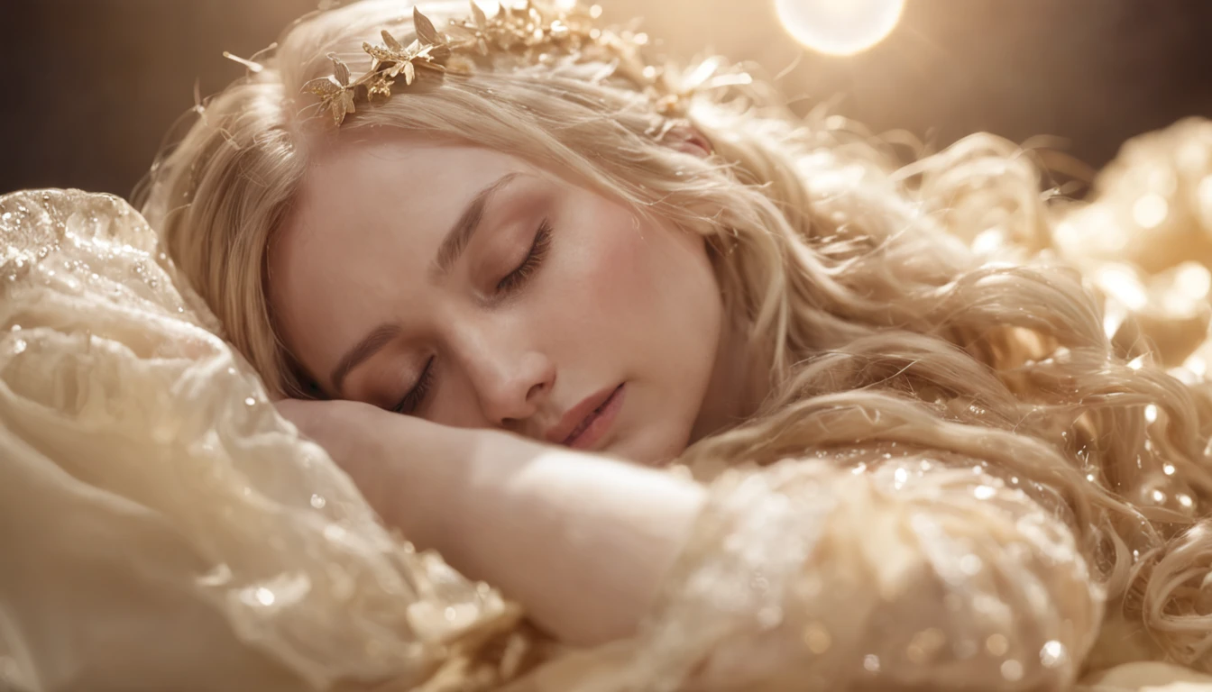 sleeping beauty、Millet's paintings「ophelia」A woman lying like and sleeping peacefully、Golden robe、jewely, hair adornments,up of face、Loosely curled blonde、Light particles fly around、The face is shining、Halo is shining、dark backgrounds、Soft bed、((bokeh dof))、Flooded with golden light particles、depth of fields、realistic