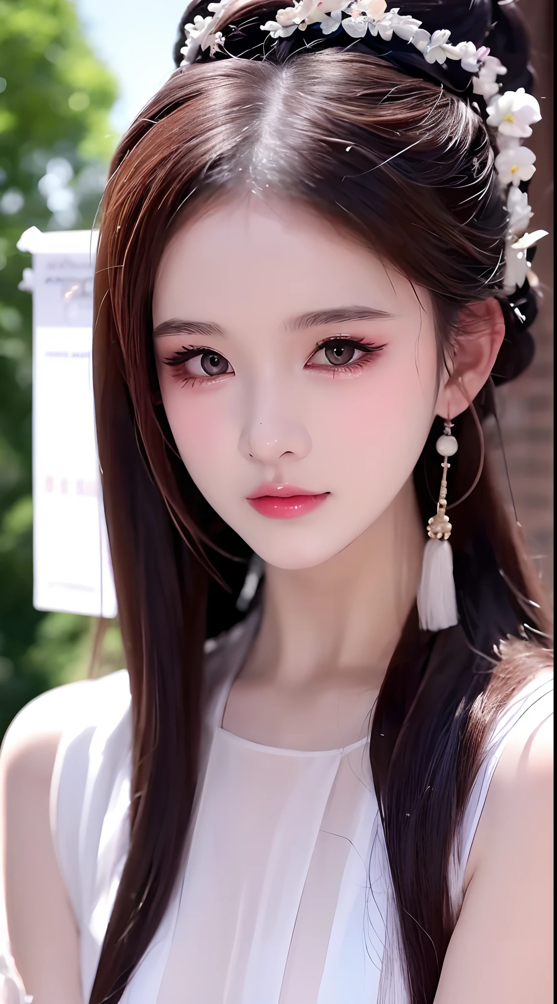 1 realistically beautiful girl, waist length hair, black eyes, ancient Ao Dai, style hanfu, wearing a thin silk shirt of ancient China, pink and smooth white skin, wearing a discreet ancient style ao dai, appears shoulders and head in the photo, Very cute little face, eye bags under wet and detailed makeup, plump red lips, charming small and curved lips, ((closed mouth:1.0)), balanced incisors, embarrassed, small face makeup detailed and very beautifull, The breasts are super round and tight, breast augmentation, blum boobs, Cover the girl's chest with a camisole inside, blush, from front, wear earrings, necklaces, from above, looking at viewer, upturned eyes, full body, masterpiece, top quality, best quality, official art, unity 8k wallpaper, highres, ultra high res, ultra detailed, (photorealistic:1.2), alone, solo, only 1 girl, style hanfu Dunhuang, 10x pixels, super realistic, ultra high quality, portrait body view of the girl, upper body,