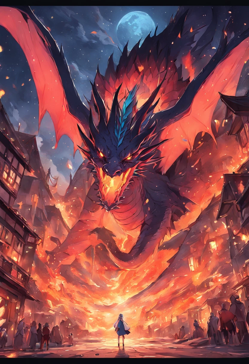 Dragon flying over burning town、large plumage、highcontrast、red fullmoon、Realistic Dragon、Blue Dragon