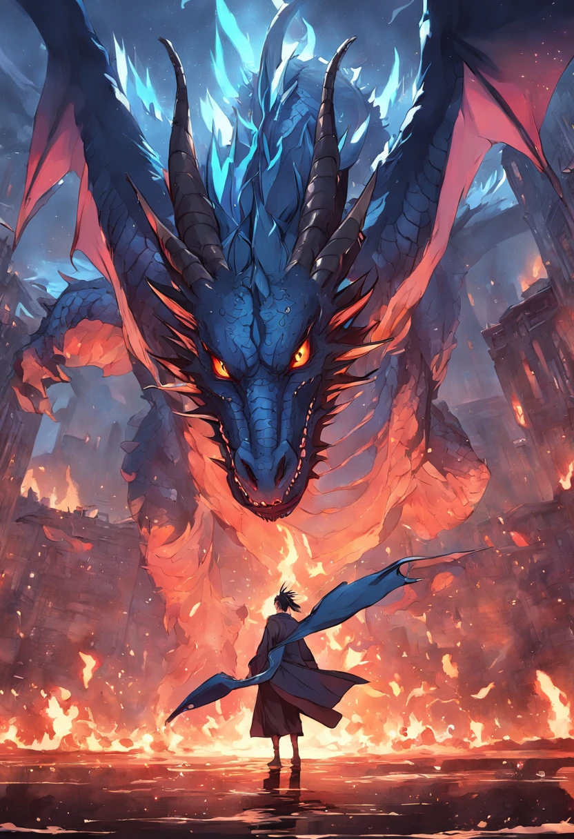 Dragon flying over burning town、large plumage、highcontrast、red fullmoon、Realistic Dragon、Blue Dragon