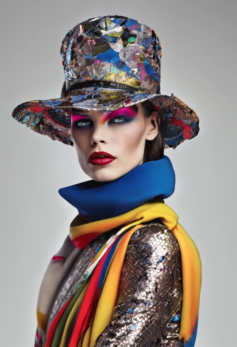Contemporary Fashion Photography: female, vibrant skin, dieselpunk, Goya’s muse, vividly expressive eyes, as a minimalistic cyborg, interstellar future, transcendental, ultra-high-definition, meticulously detailed, medium shot, low angle, 8k Richard Avedon inspired