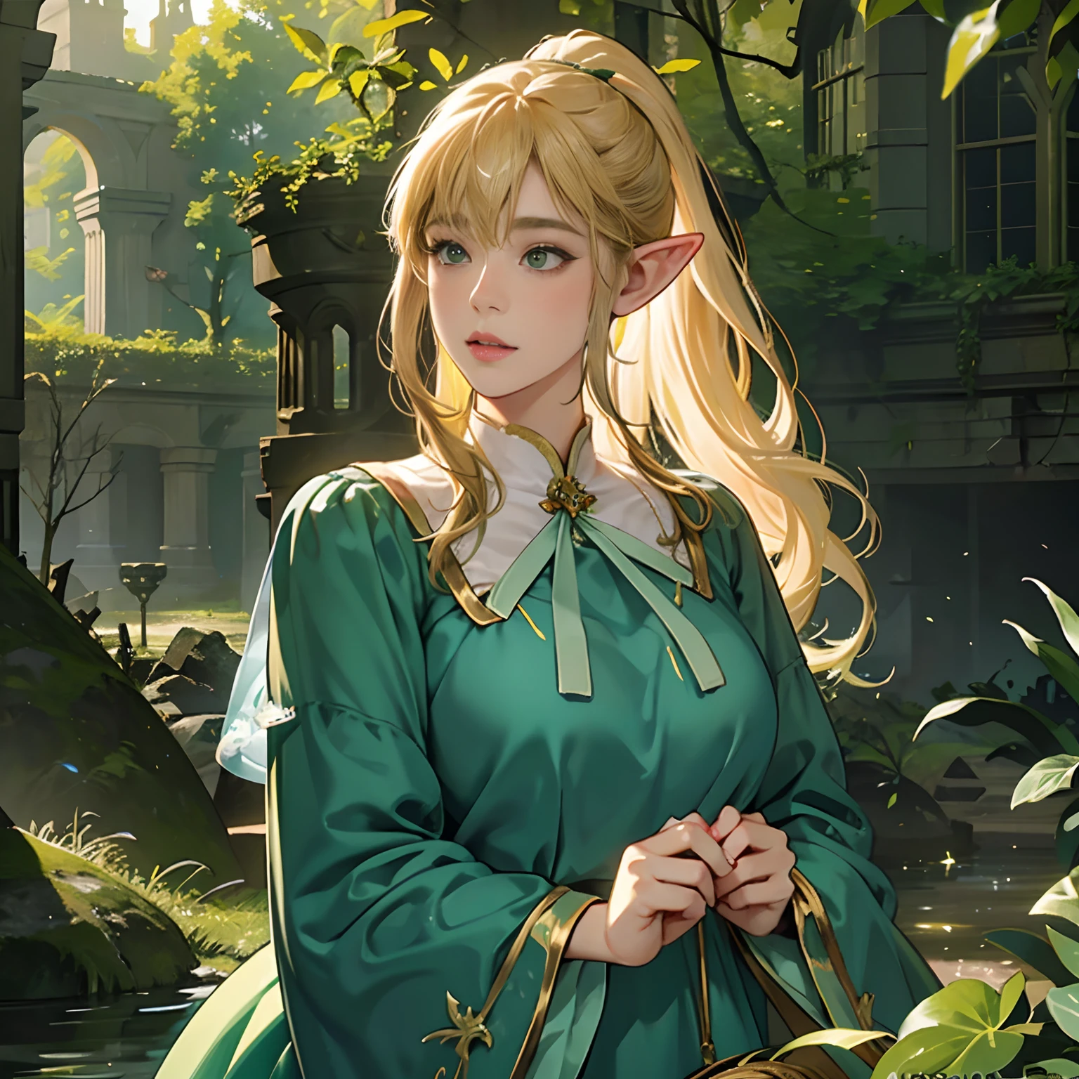 Women in Their 20s, offcial art, unity 8k wall paper, ultra-detailliert, beautifly、Aesthetic, masterpiece, top-quality, Photorealsitic, Female Elf、Dark green eyes、Blonde Hair、Short ponytail、Pointed ears、Dark green costume、Light green blouse、Gold Brooch、golden hair ornaments、Big magic wand:2.0、Big bag、depth of fields, Fantastic atmosphere, Calm palette, tranquil mood, Soft shading、Ruins in the forest、Ruins covered in vegetation、Crumbling stone statue、Green Tree々、Beautiful Landscapes、bbw、very large breast、plump figure、Little blue bird、Leaves fluttering in the wind