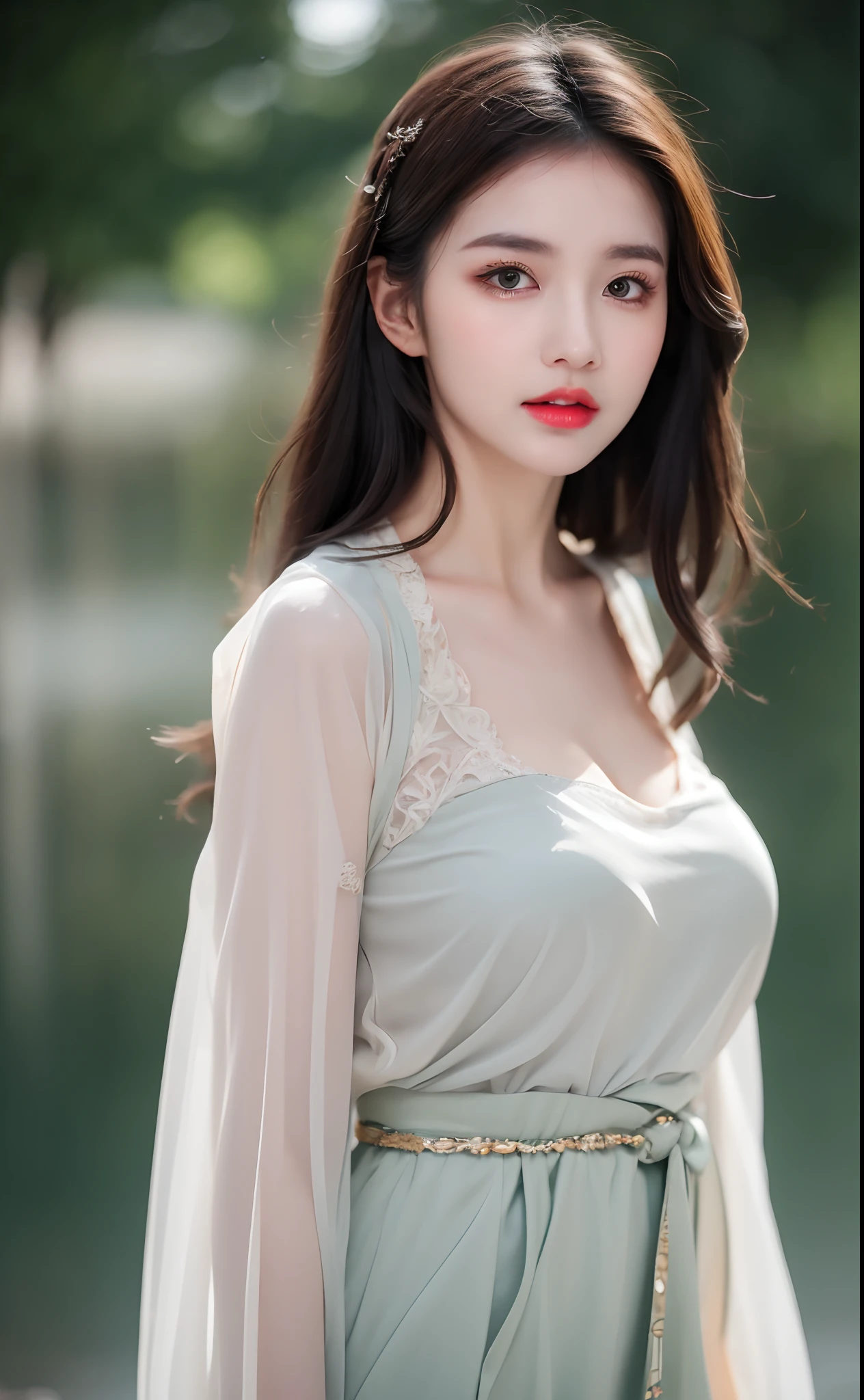 ((Best Quality, 8k, Masterpiece: 1.3)), Focus: 1.2, Perfect Body Beauty: 1.4, Buttocks: 1.2, ((Layered Haircut)), (Wet Clothes: 1.1), (Rain, Street:1.3), (Breasts: 1.2), (Hanfu: 1.2), Bare Shoulders, Bare Legs, Highly Detailed Face and Skin Texture, Fine Eyes, Double Eyelids, Whitened Skin, Long Hair, (Shut Up: 1.5), (Bokeh Background: 1.5), Big Breasts