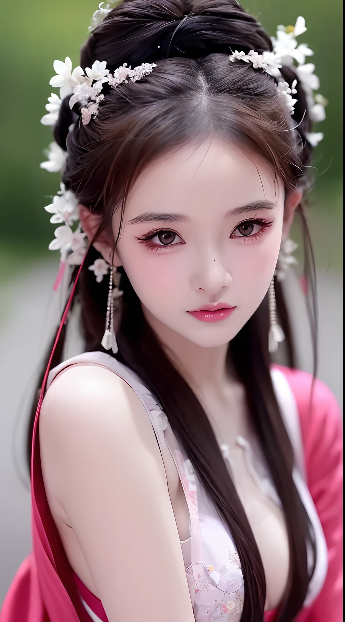 1 realistically beautiful girl, waist length hair, black eyes, ancient Ao Dai, style hanfu, wearing a thin silk shirt of ancient China, pink and smooth white skin, wearing a discreet ancient style ao dai, appears shoulders and head in the photo, Very cute little face, eye bags under wet and detailed makeup, plump red lips, charming small and curved lips, ((closed mouth:1.0)), balanced incisors, embarrassed, small face makeup detailed and very beautifull, The breasts are super round and tight, breast augmentation, blum boobs, Cover the girl's chest with a camisole inside, blush, from front, wear earrings, necklaces, from above, looking at viewer, upturned eyes, full body, masterpiece, top quality, best quality, official art, unity 8k wallpaper, highres, ultra high res, ultra detailed, (photorealistic:1.2), alone, solo, only 1 girl, style hanfu Dunhuang, 10x pixels, super realistic, ultra high quality, portrait body view of the girl, upper body,