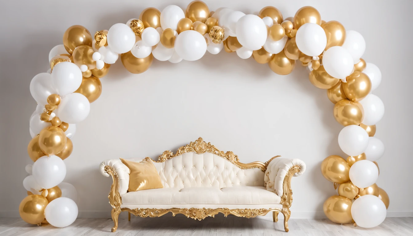 "RAW photo, best, masterpiece, best quality, high quality, extremely detailed,araffe balloon arch with gold and white balloons and a couch, gold and white, gold decorations, party balloons, white and gold color scheme, white and gold, gold decoration, gold theme, cream - colored room, balloons, decoration, decoration around the room, baloons, lavishly decorated, luxurious environment, ornate and flowing, elegant and ornate"