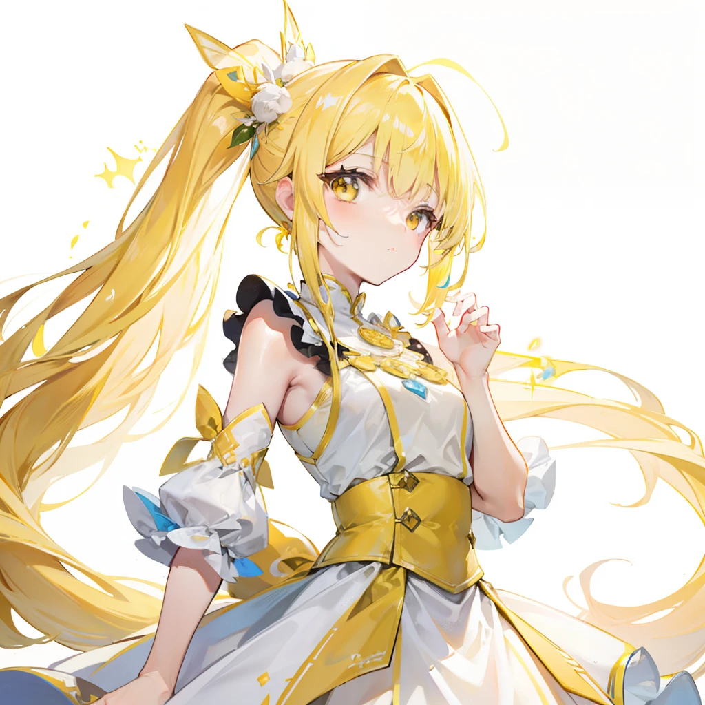 Light yellow long double ponytail，White and yellow two-color magic fairy costume，Sweet beautiful girl