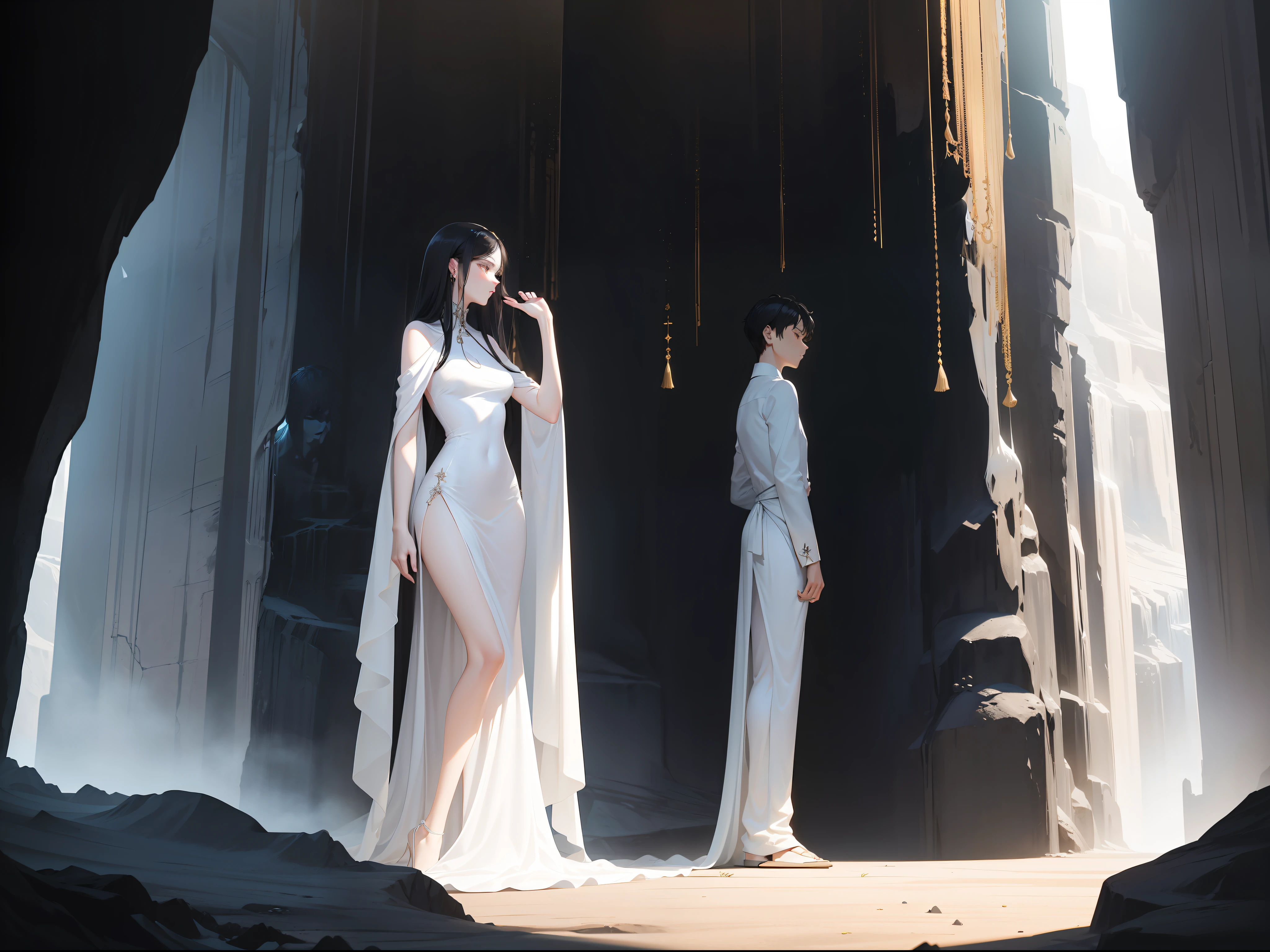 inside a cave，A tall, Slim woman in a long white classical tulle dress，bent down，The woman touched the face of the black-clothed boy standing opposite，The boy in black looked up at the tall woman。中景 the scene is。