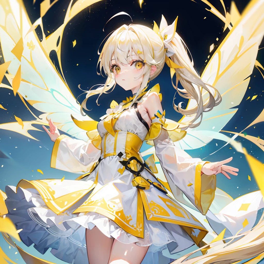 Light yellow long double ponytail,White and yellow two-color magic fairy costume,Sweet beautiful girl