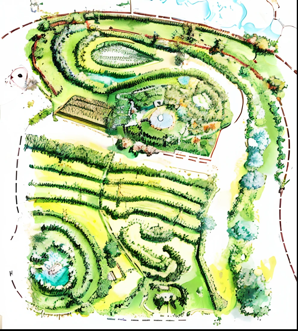 desenho de um jardim com um desenho em espiral e um lago, Permacultura, Terraced orchards and ponds, aerial illustration, ecovila, a digital rendering, Bird's - Vista Olho, scenic view, scenic view, agricultura, bird - eye view, Vista Ariel, tiro de arial, birdseye view, Mapa Topview, horta mandala, energia solar, Wind power, design de permacultura