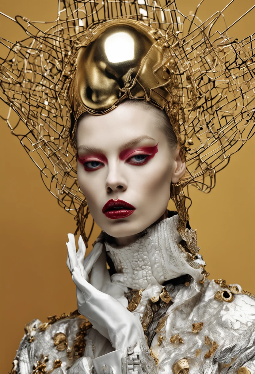 Avant-Garde Fashion Photography: androgynous, porcelain-like skin, baroque punk, Salvador Dali, piercing eagle eyes, as a streamlined android, postmodern, surrealistic, ultra HD, meticulously detailed, 8k by Mario Testino.
