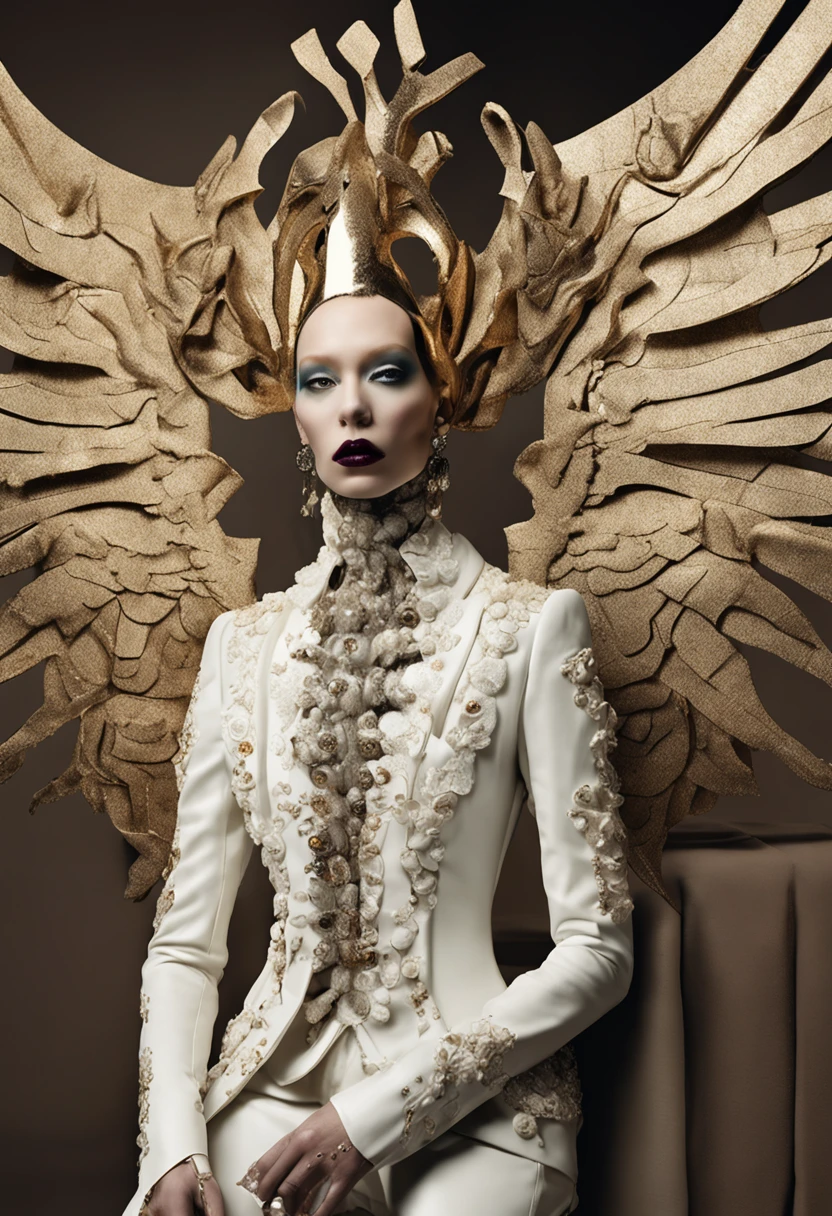 Avant-Garde Fashion Photography: androgynous, porcelain-like skin, baroque punk, Salvador Dali, piercing eagle eyes, as a streamlined android, postmodern, surrealistic, ultra HD, meticulously detailed, 8k by Mario Testino.