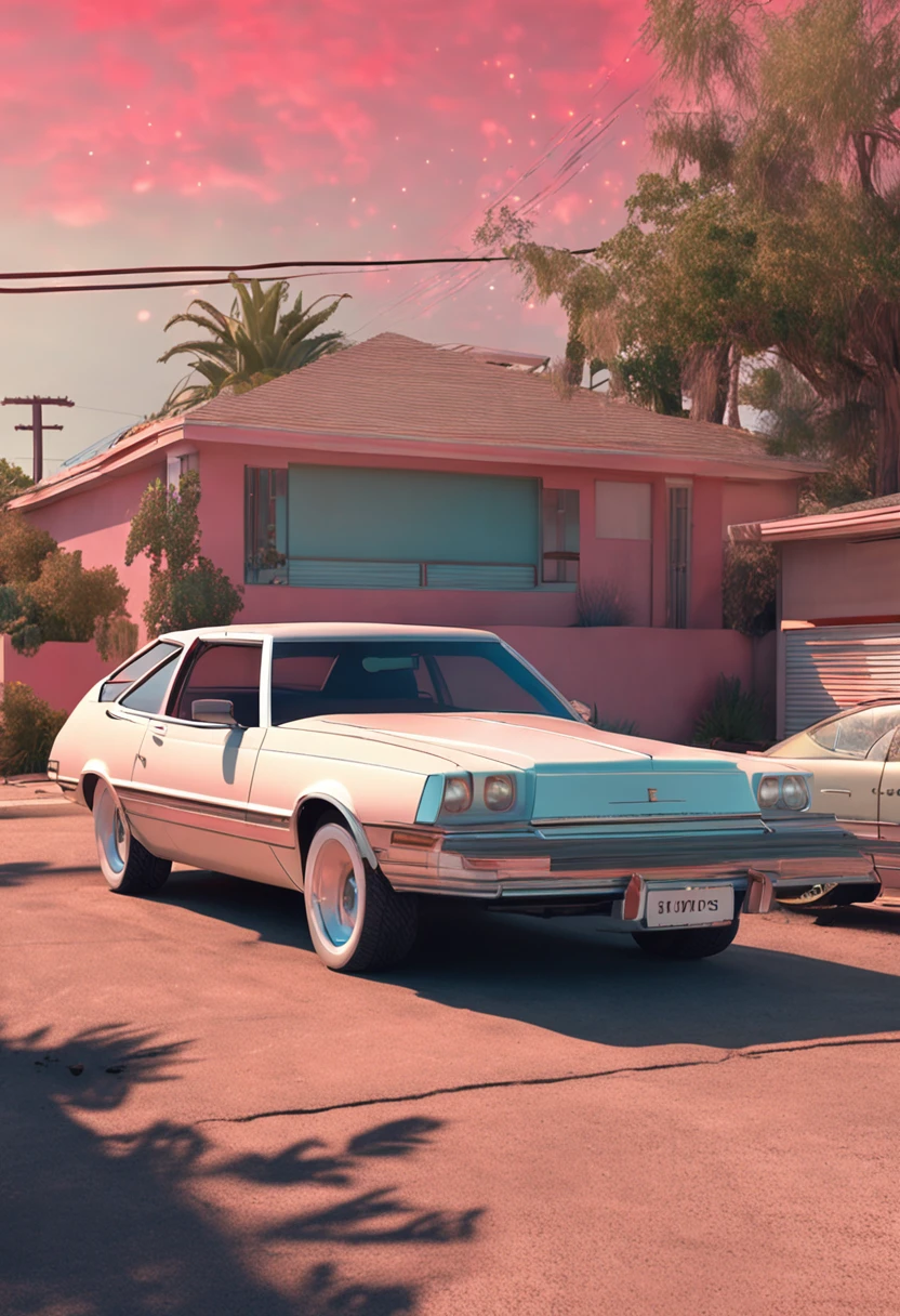 A retro sci-fi car parked in California neighborhood, in the style of hustlewave, 1980s, post-internet aesthetics, reefwave, wetcore, transavanguardia, childlike