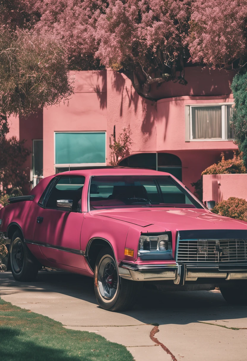 A retro sci-fi car parked in California neighborhood, in the style of hustlewave, 1980s, post-internet aesthetics, reefwave, wetcore, transavanguardia, childlike