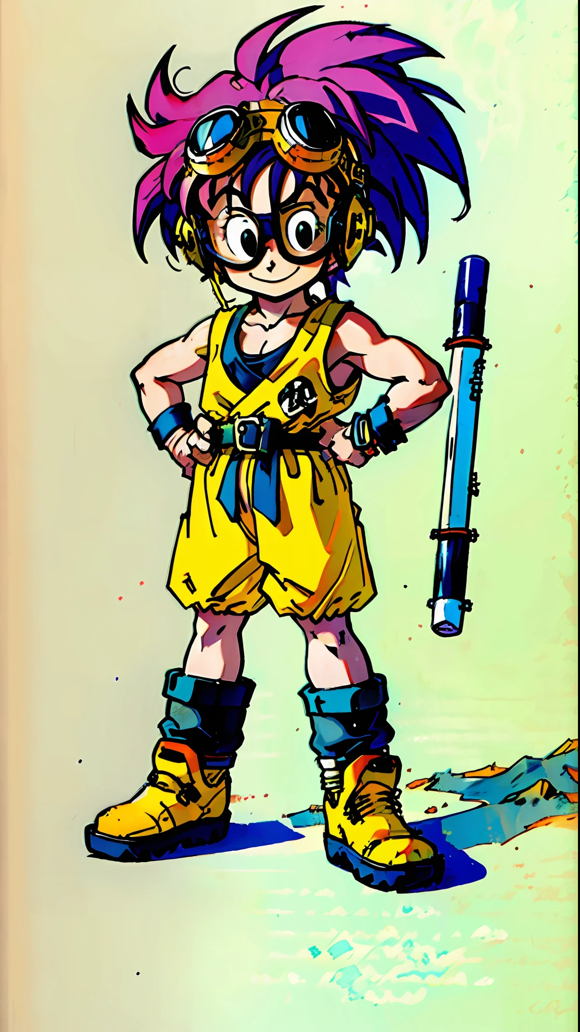 sunglasses, spiked hair, male focus, goggles, wristband, eyewear on head, chibi demon, goggles on head, detailled background, sand and desert background, solo, boots, full body, standing , glasses, smile, sleeveless, closed mouth, looking at viewer, yellow footwear, shorts, sketch, watch, pink hair, black eyes, Akuma, devil, Belzeebub, SandLand, (art style of Akira Toryama:1.3)