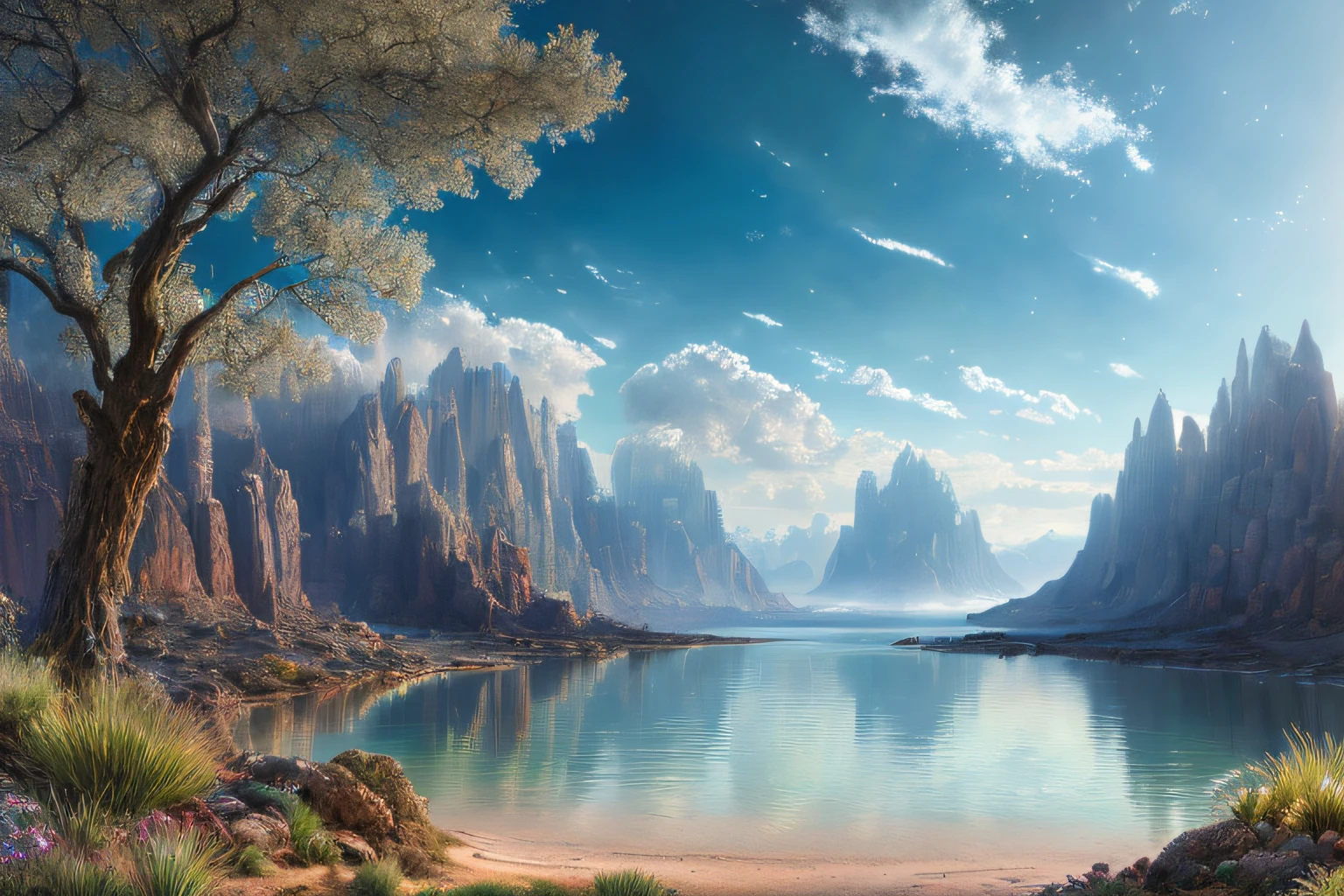 paysage futuriste, Eau, (Highly detailed CG Unit 8k wallpaper), The most beautiful work of art in the world, Professional majestic oil painting, complexe, High detail, mise au point nette, dramatique, Art of photorealist painting,