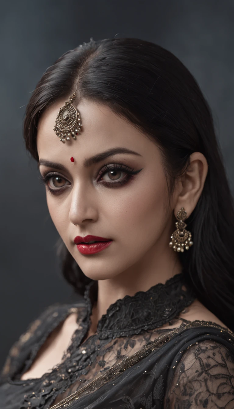 Bollywood Acress HEMA MALINI masterpiece, best quality, 1girl, solo, (natural skin texture, realistic eye and face details:1. 5), (dark:1. 4), deep shadow, extremely detailed lady, detailed eyes and face, piercing eyes, red lipstick, no black eyeliners, detailed goth clothing, ponytails, black hair, Nikon d850 film, hyper-realistic, real-life texture, dramatic, lighting, unreal engine, (facial clarity:1. 5), (transparent clothes:1. 1) gothic style, black lace, tattoo