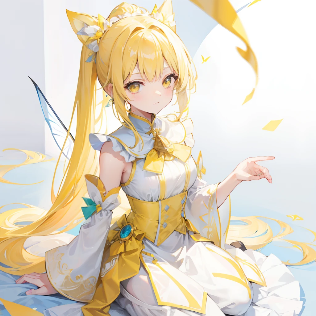 Light yellow long double ponytail,White and yellow two-color magic fairy costume,Sweet beautiful girl