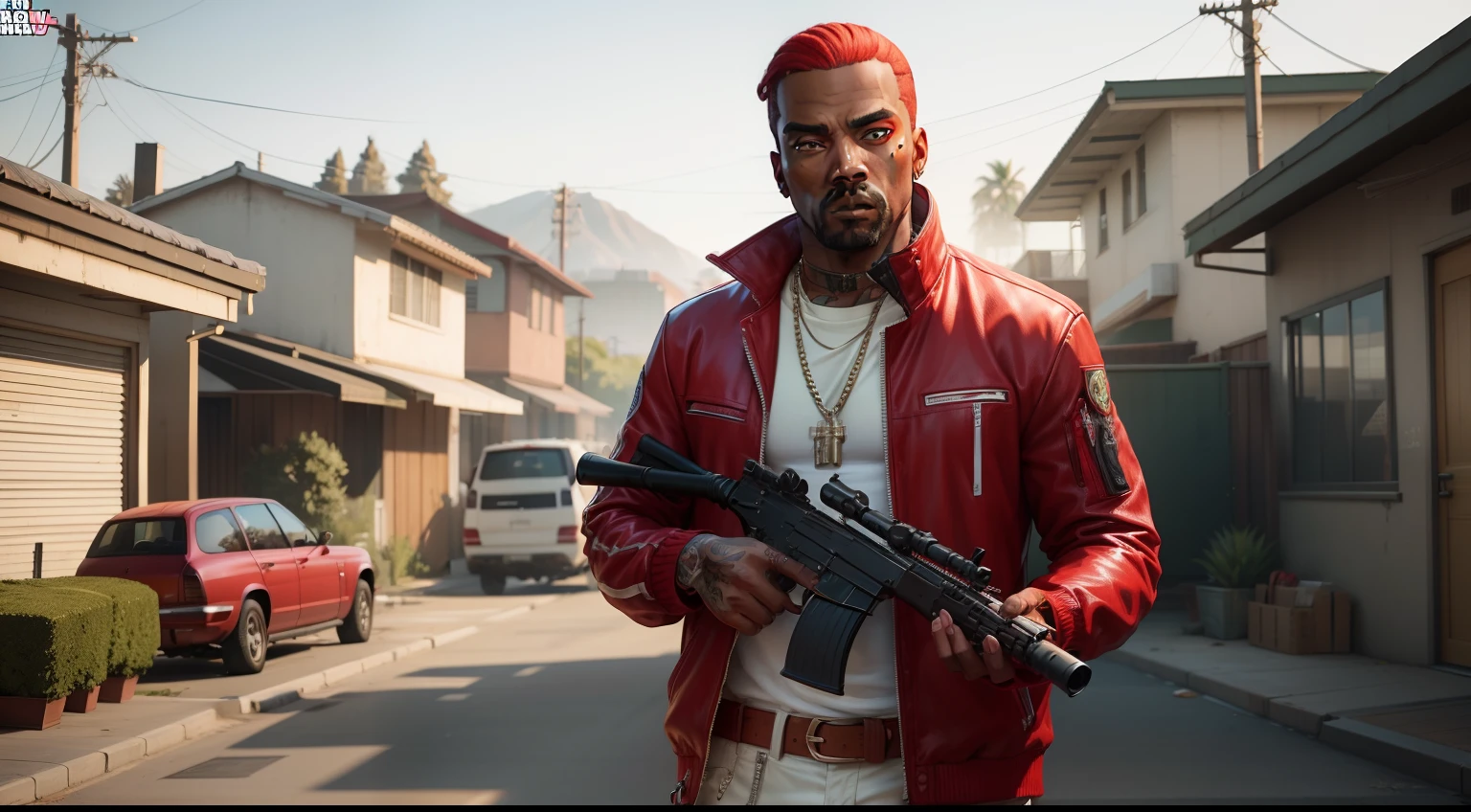 There's a man holding a gun on a wooden deck, gta personagem, Como o protagonista de GTA 5, GTA V Estilo, como um personagem de gtav, Kanye West em GTA v, drake em gta v, Estilo GTA5, gta v personagem, empunhando fuzil de assalto, Snoop Dogg em GTA V, gta 5 tom de pele, Jesse Pinkman em GTA v, red hair, jaqueta vermelha,Fuzil AK-47