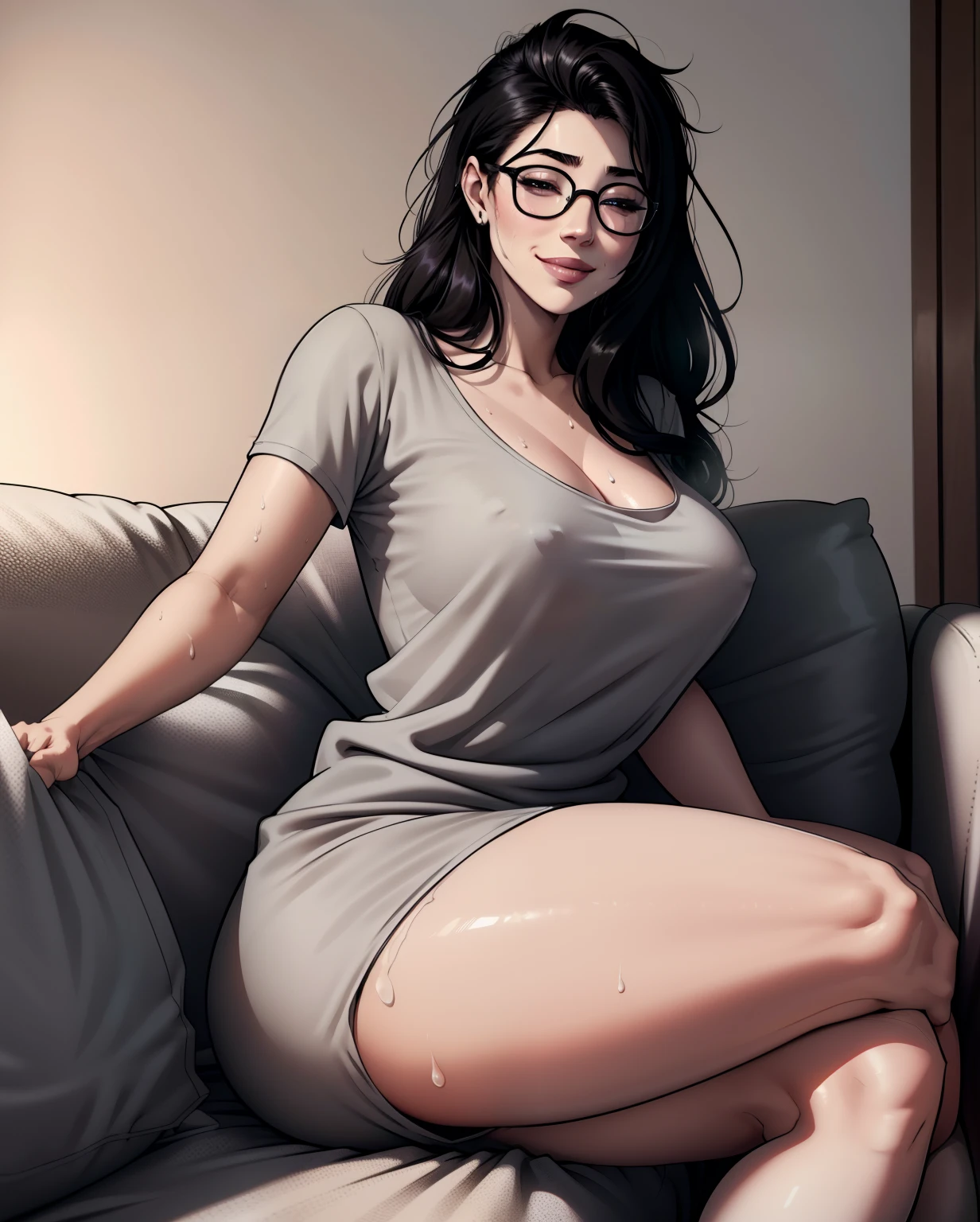 Best quality, volumetric lighting, cool ambient lighting, masterpiece, ultra high res, 4k, (flirty smile), (soft round detailed face), (firmly closed eyes), (very pale light skin), (bare legs), detailed black hair, ((long messy greasy hair)), (wearing rounded glasses), headband, unwashed, unkempt, tired, sleepy, disheveled, grey t shirt dress, grey pyjama dress, grey short form fitting dress, sitting on a sofa, sweat, sweaty