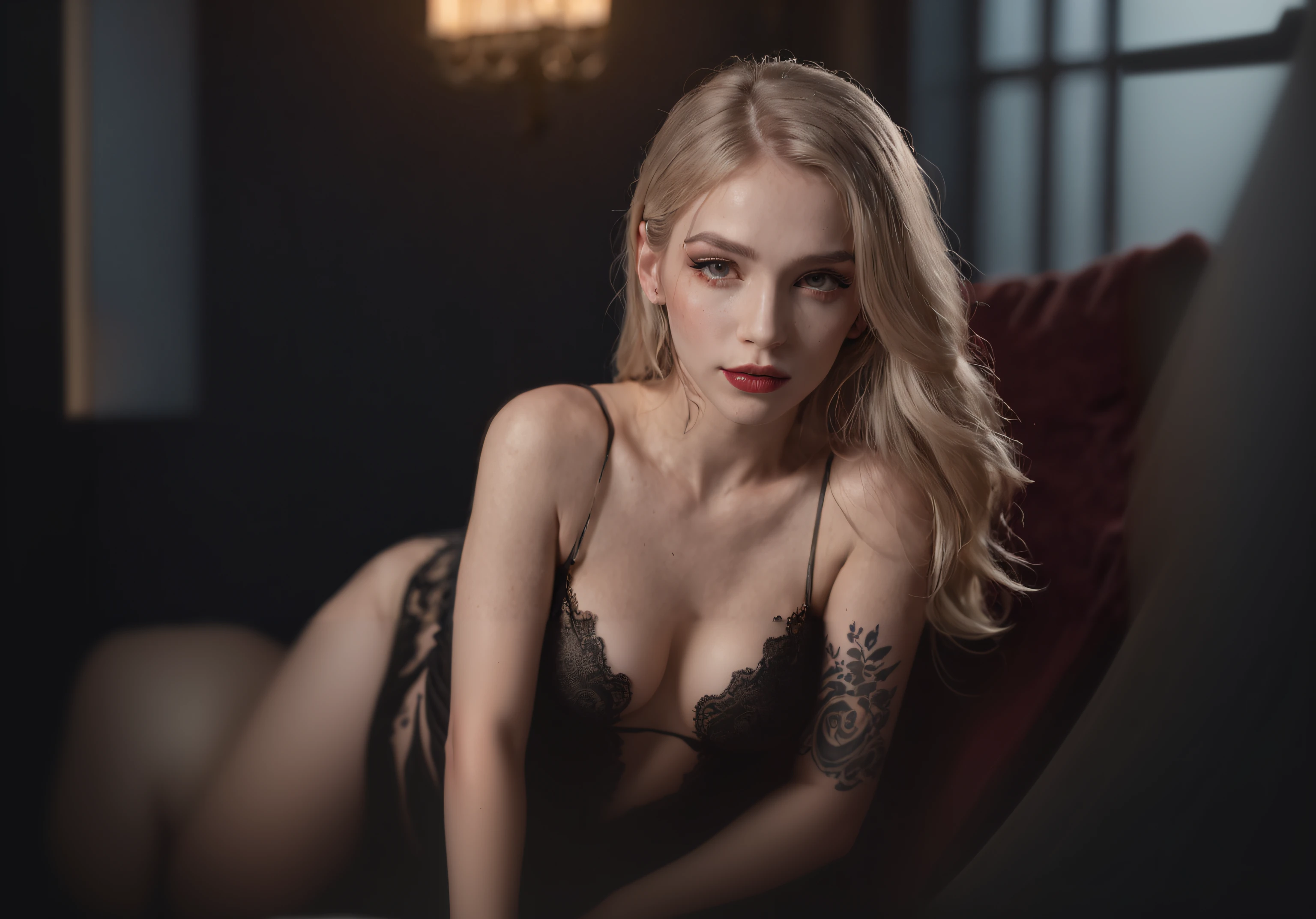 ((photo of sexy hot tattooed young girl)) , in a black sofa, (((dimly lit room with evening light rays entering a nearby window))), ((((full body shot)))), backlit, glamour, shadows, small breasts, flat chest, makeup, red lipstick, androgynous, blonde hair, long hair, black nails, 8k, ultra sharp focus, intricate artwork masterpiece, movie poster, golden ratio, intricate, highly detailed, production cinematic character render, ultra high quality model, CatrinaMakeUp, detailed_eye, face, detailed eyes