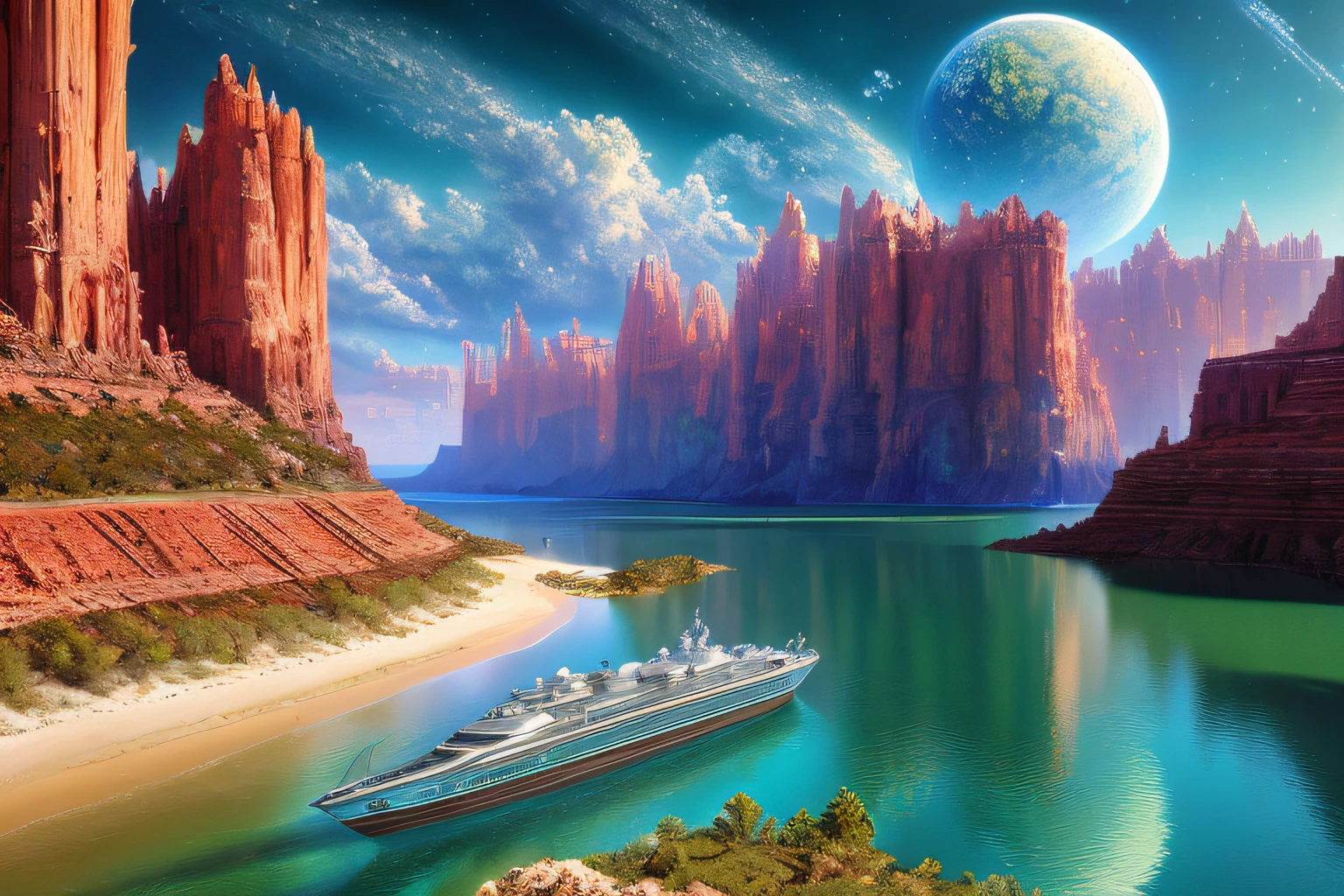 paysage futuriste, Eau, (Highly detailed CG Unit 8k wallpaper), The most beautiful work of art in the world, Professional majestic oil painting, complexe, High detail, mise au point nette, dramatique, Art of photorealist painting,