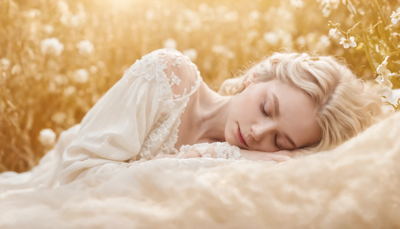 sleeping beauty、Millet's paintings「ophelia」A woman lying like and sleeping peacefully、White robe、Loosely curled blonde、Light particles fly around、Halo is shining、Golden background、Soft bed、((bokeh dof))、Overflowing with flowers and plants、depth of fields、realistic
