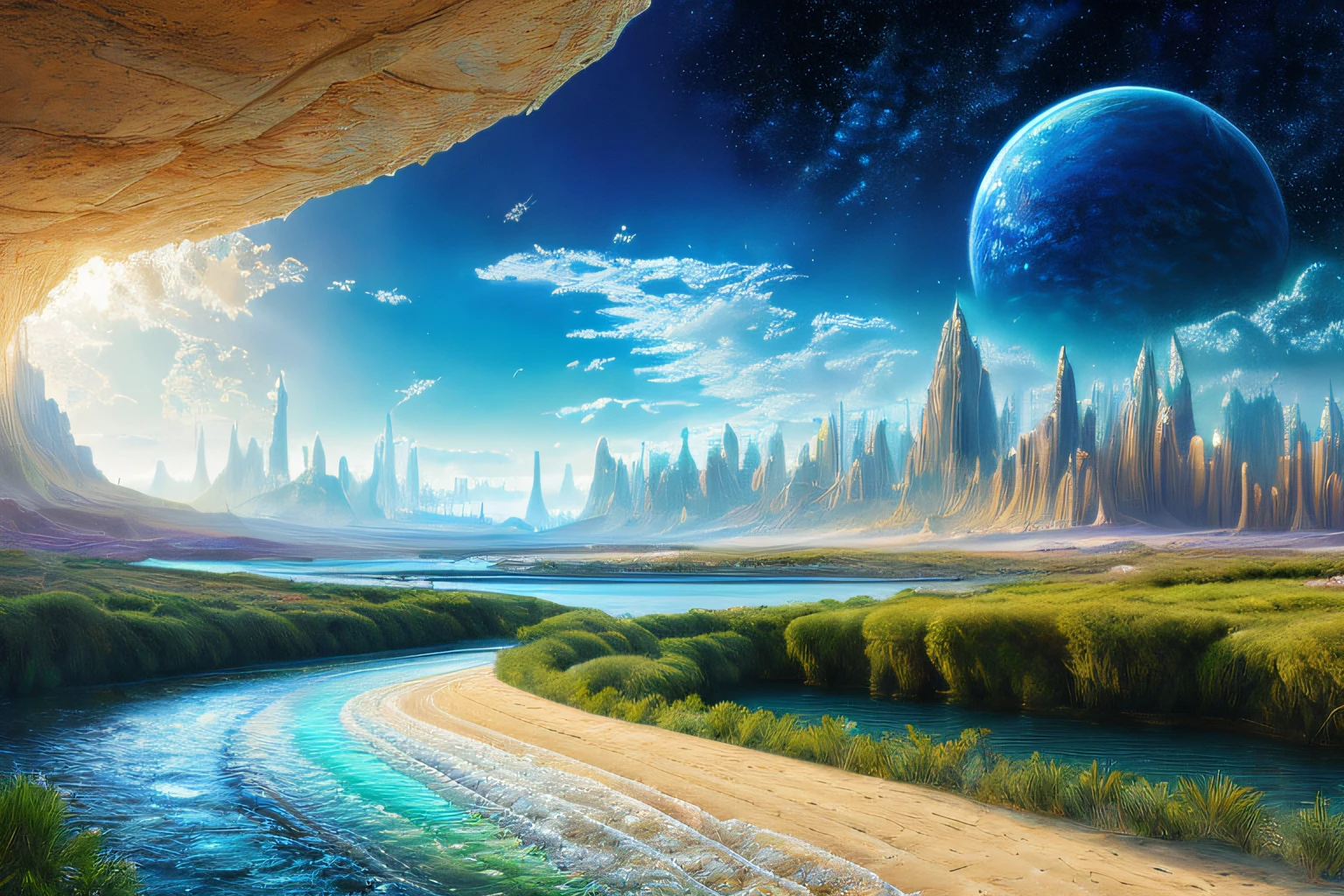 paysage futuriste, Eau, (Highly detailed CG Unit 8k wallpaper), The most beautiful work of art in the world, Professional majestic oil painting, complexe, High detail, mise au point nette, dramatique, Art of photorealist painting,