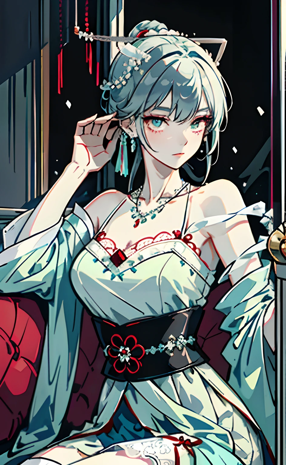 An antique beauty sits on a bed in a train sleeper，She wears a cyan tulle transparent Hanfu and white lace stockings，Hairpins on your head，upper body bare，Wear high heels，Eyes seductive，It looks like，The face turned crimson，Wear earrings on your ears，A black lace necklace necklace necklace was worn around his snow-white neck
