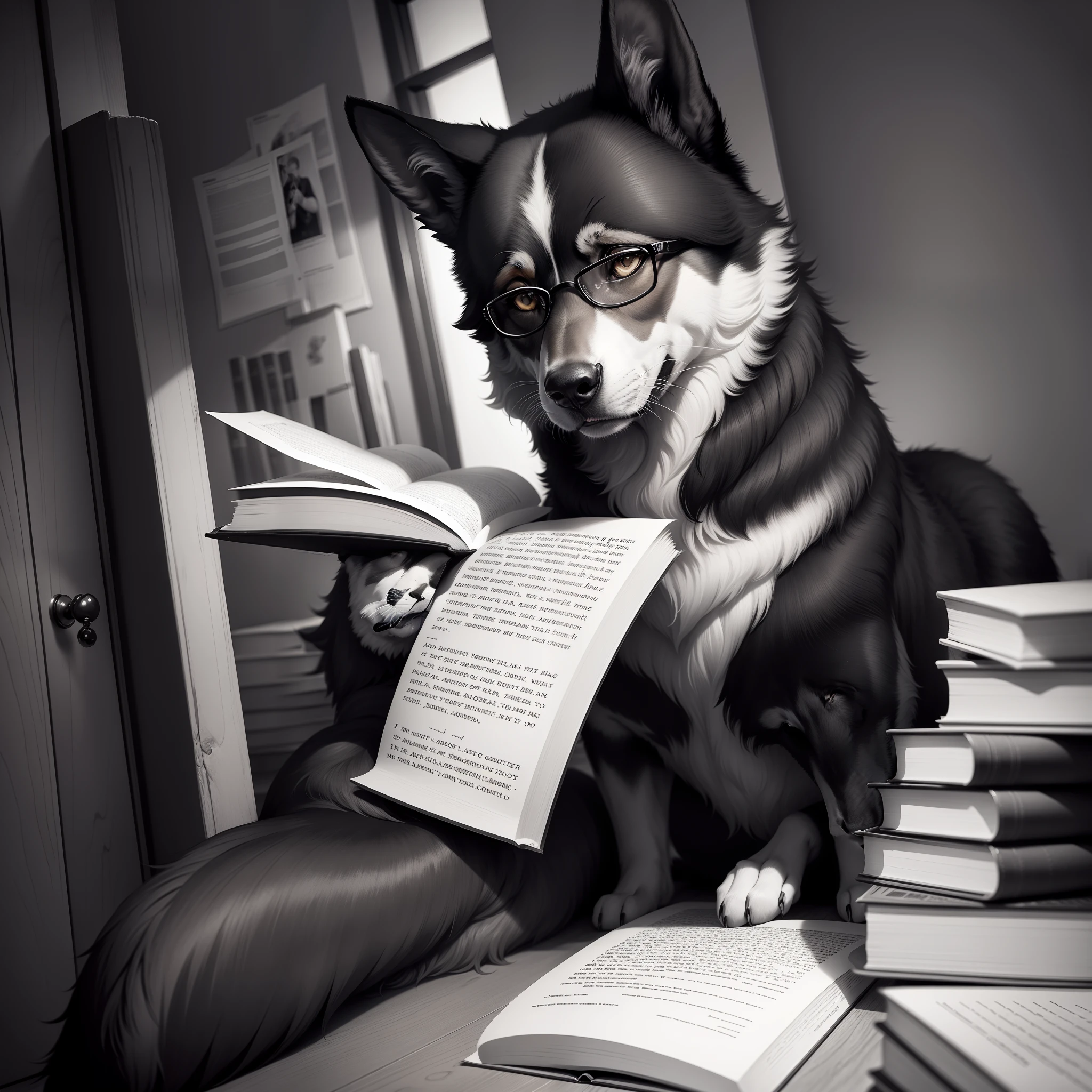 Black and white shepherd,Wearing glasses,looking at book