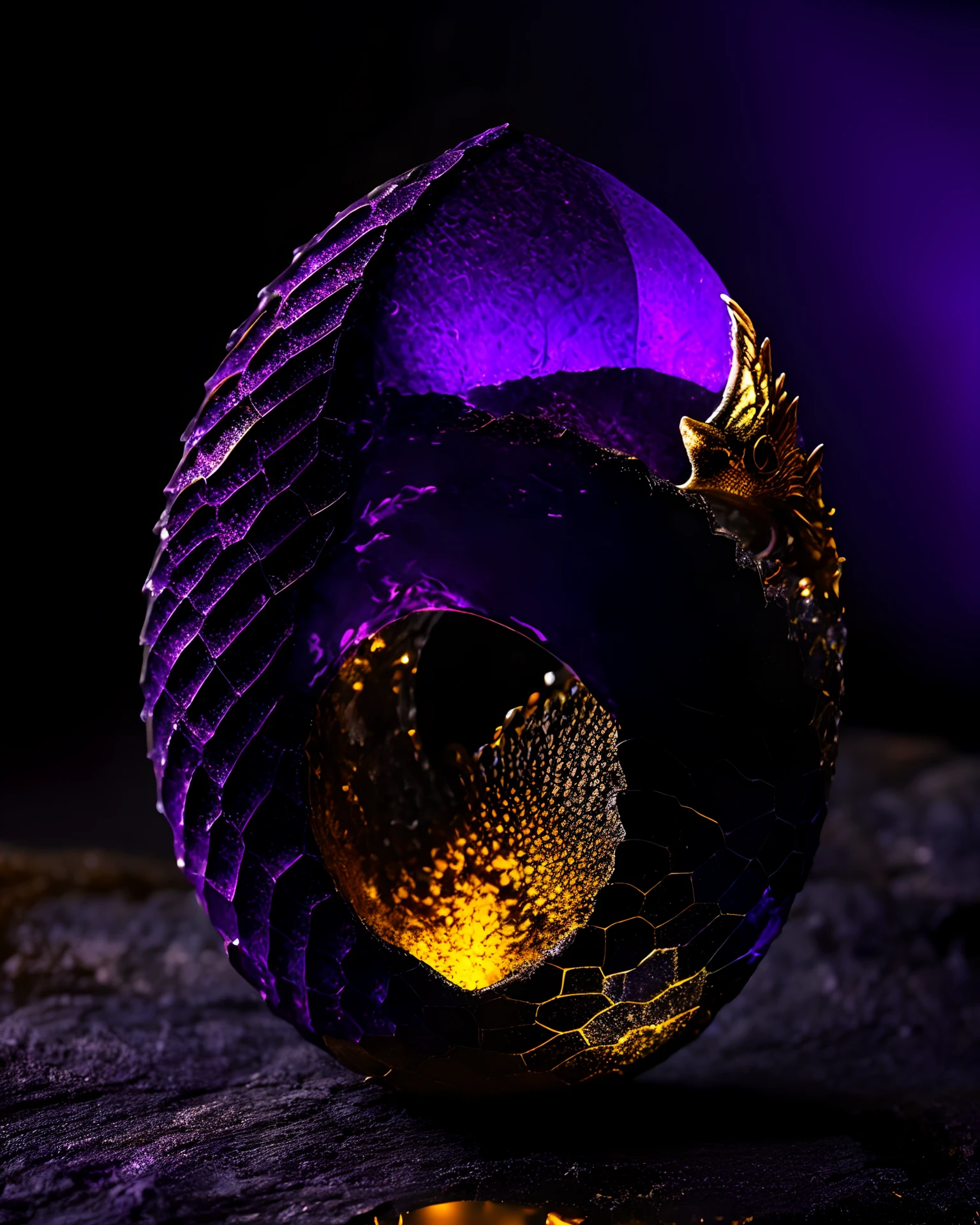 crystalline rock forms dragon egg with silver and gold metal dragon scale half-shell, by mjart, placed on black lava rock, background dark cave with purple ambient light,
