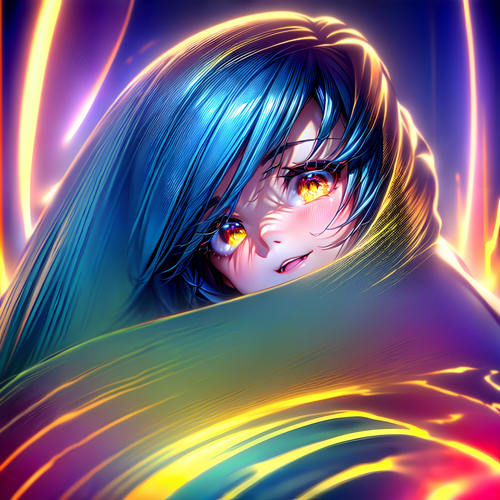 (masterpiece:1.1), (best quality:1.2), (artwork:1.1) of (cyber female, virtual reality, flirty, smiling wide, open mouth, pink, yellow, light yellow, azure, big eyes:1), crepuscular rays, (floating short hair, natural skin, modern haircut, pouty lips, portrait), (crisp:1.1), (ultra detailed, ultra detailed cg neon scenic background), centered, colorful, glowing, (depth of field), wavy hair, finely detailed, (edge detection:1), (120mm), beautiful eyes, (intense lighting:1.1), (ultrasharp), fine art, creative, face, bokeh, photographed on a Fujifilm GFX 100S, light caustics