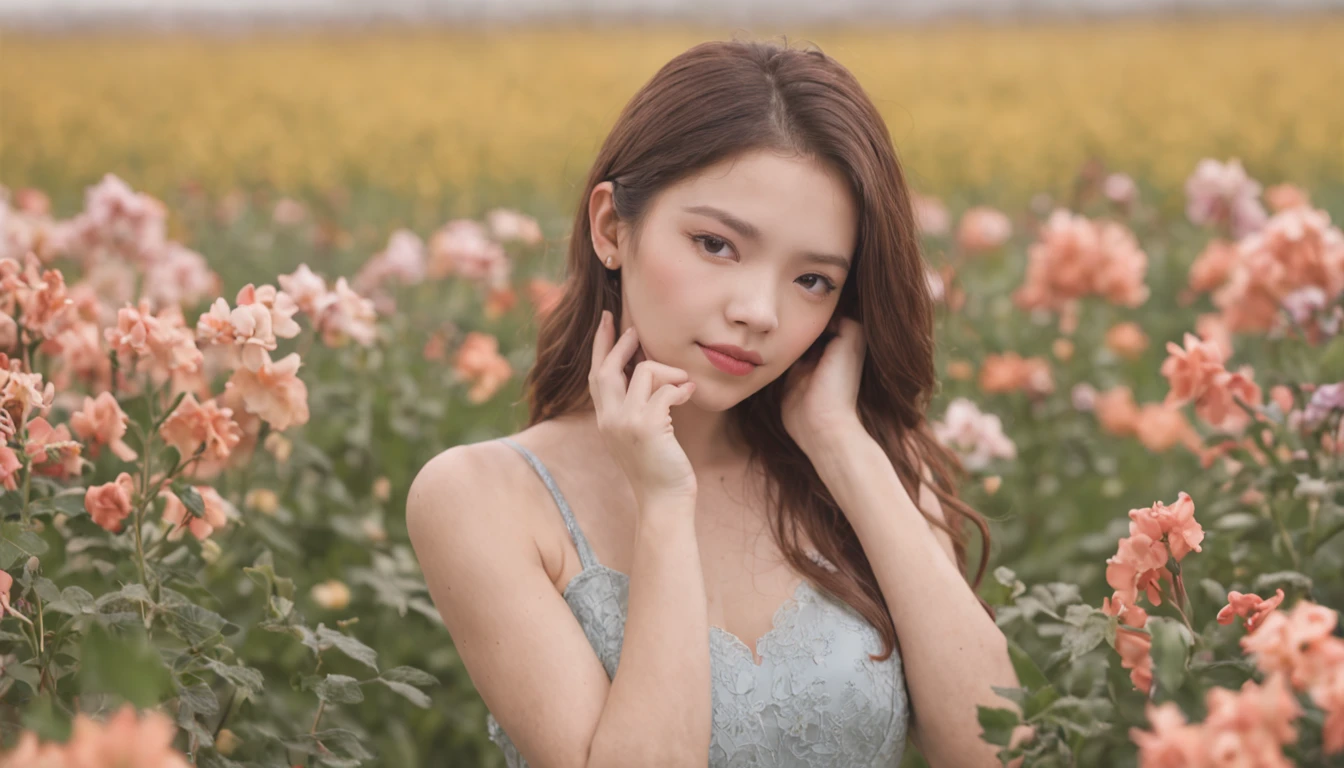 RAW photo, best, masterpiece, best quality, high quality, extremely detailed, painting of a field of flowers with a sky background, floral painted backdrop, dreamy floral background, by Zofia Stryjenska, by Li Mei-shu, by Alice Rahon, floral dream, by Eugeniusz Zak, dreamy scene, by Hermione Hammond, by Shen Che-Tsai, by Marie Bashkirtseff, by Sim Sa-jeong,